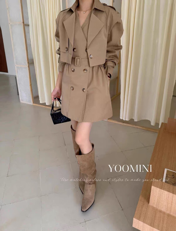 Lucas - Set váy kaki cổ đan chéo 2 hàng cúc + đai eo + áo khoác dáng lửng 1 cúc, đai tay, đai vai áo_thumbnail_2