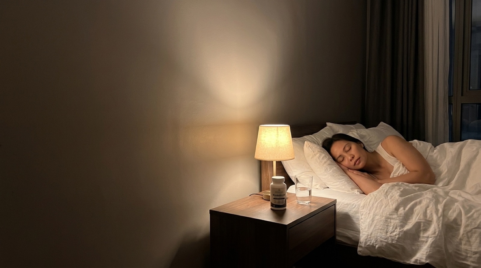 Woman sleeping deeply at night, Veraliv Magnesium Glycinate on the nightstand