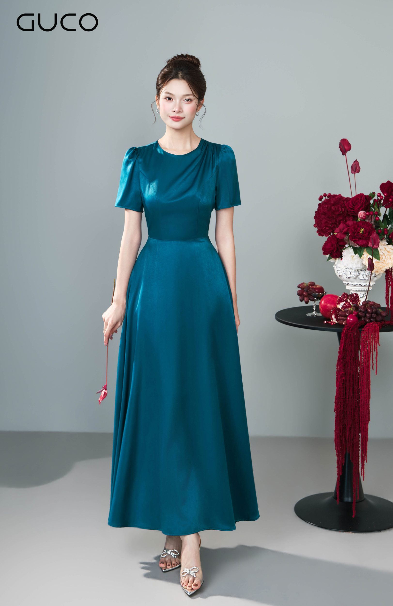 Đầm Dài Xanh Teal Cổ Tròn Nhún Vai - 5285