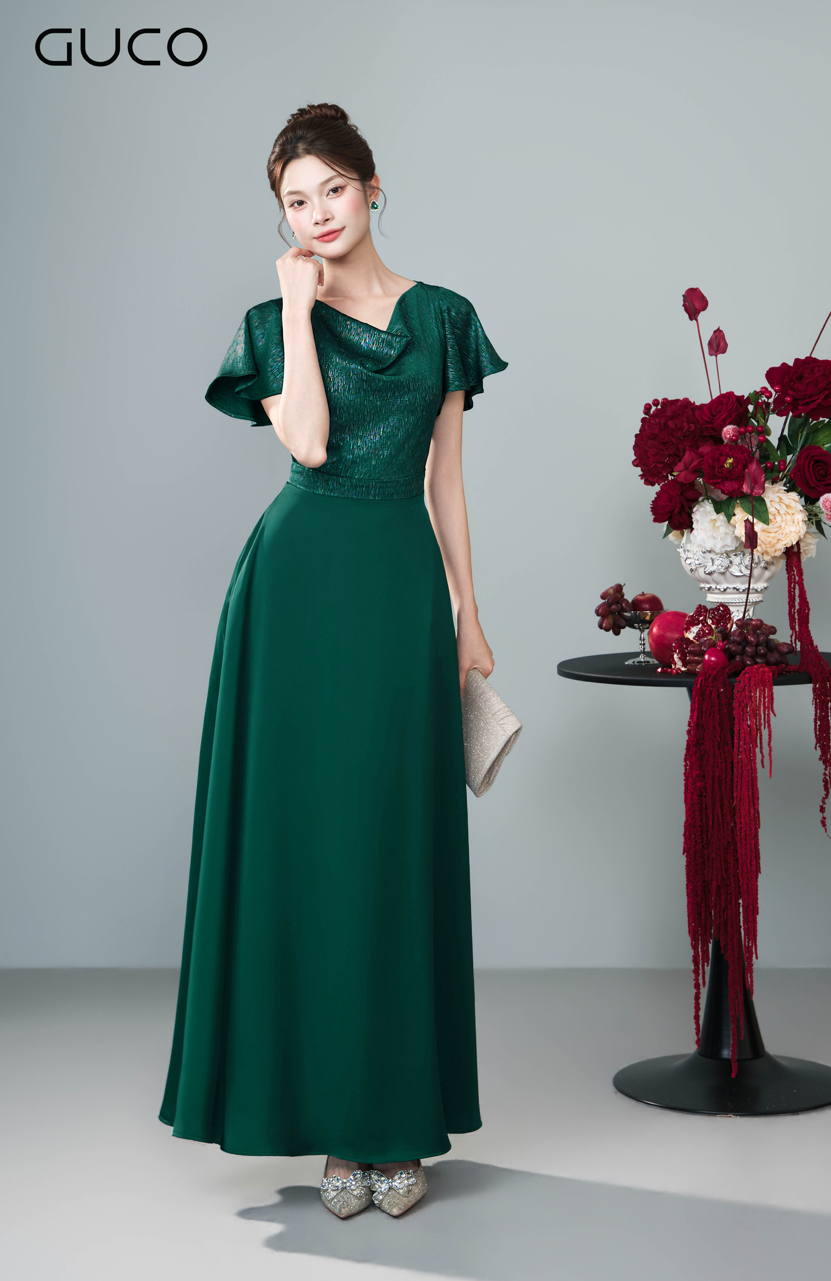 Đầm Dạ Hội Xanh Áo Phối Cổ Đổ Tay Cánh Tiên - 5268