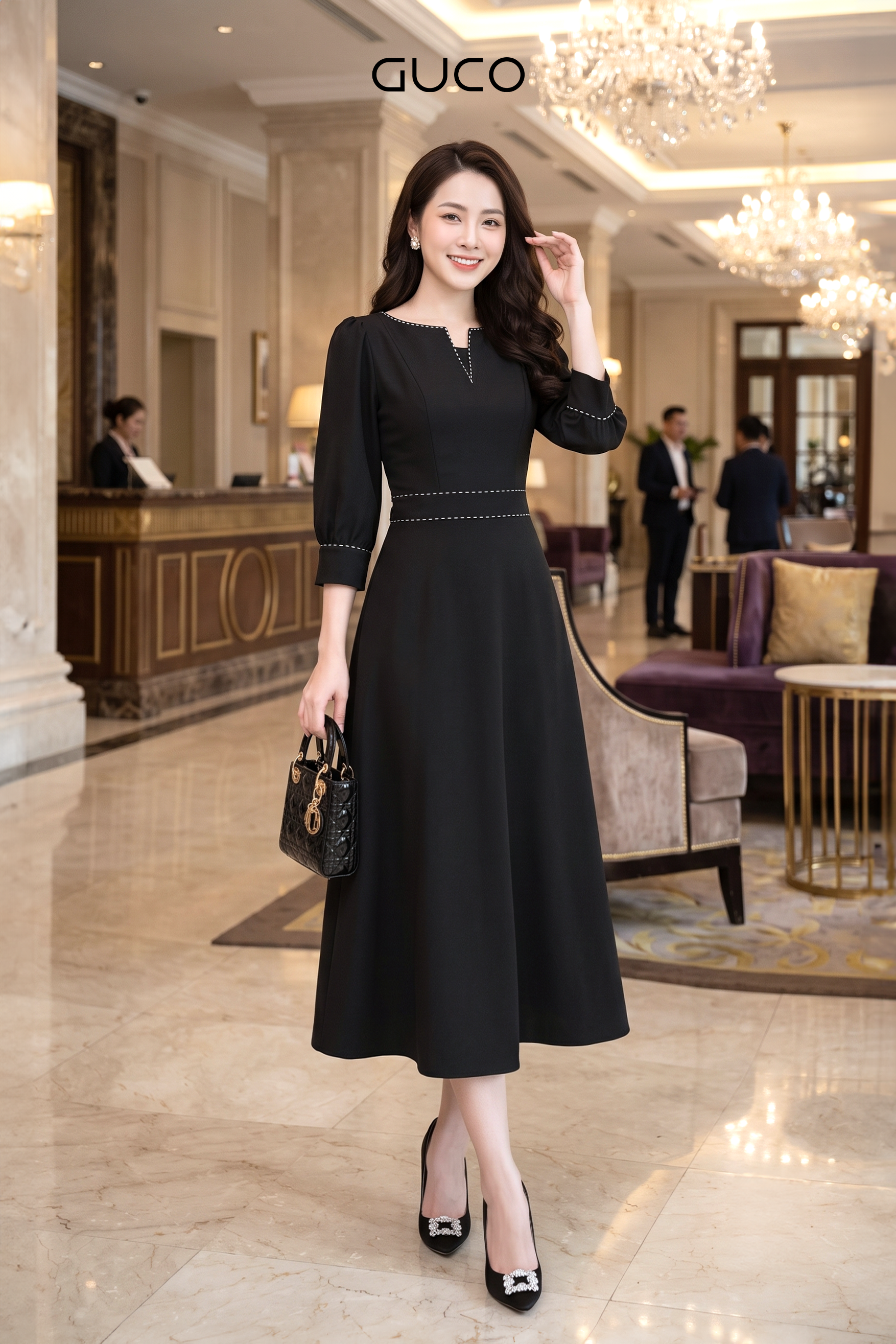 ĐẦM XÒE CỔ V THÊU VIỀN - ĐEN 4784