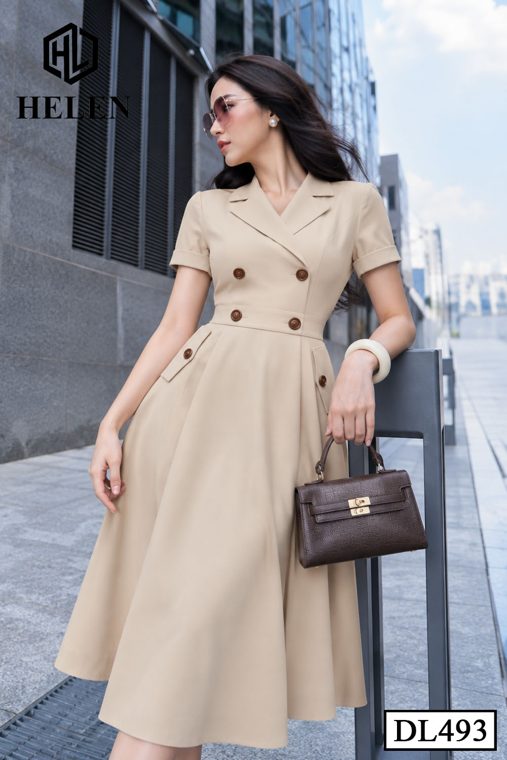 Đầm xòe màu be cổ vest đính cúc ngực DL493