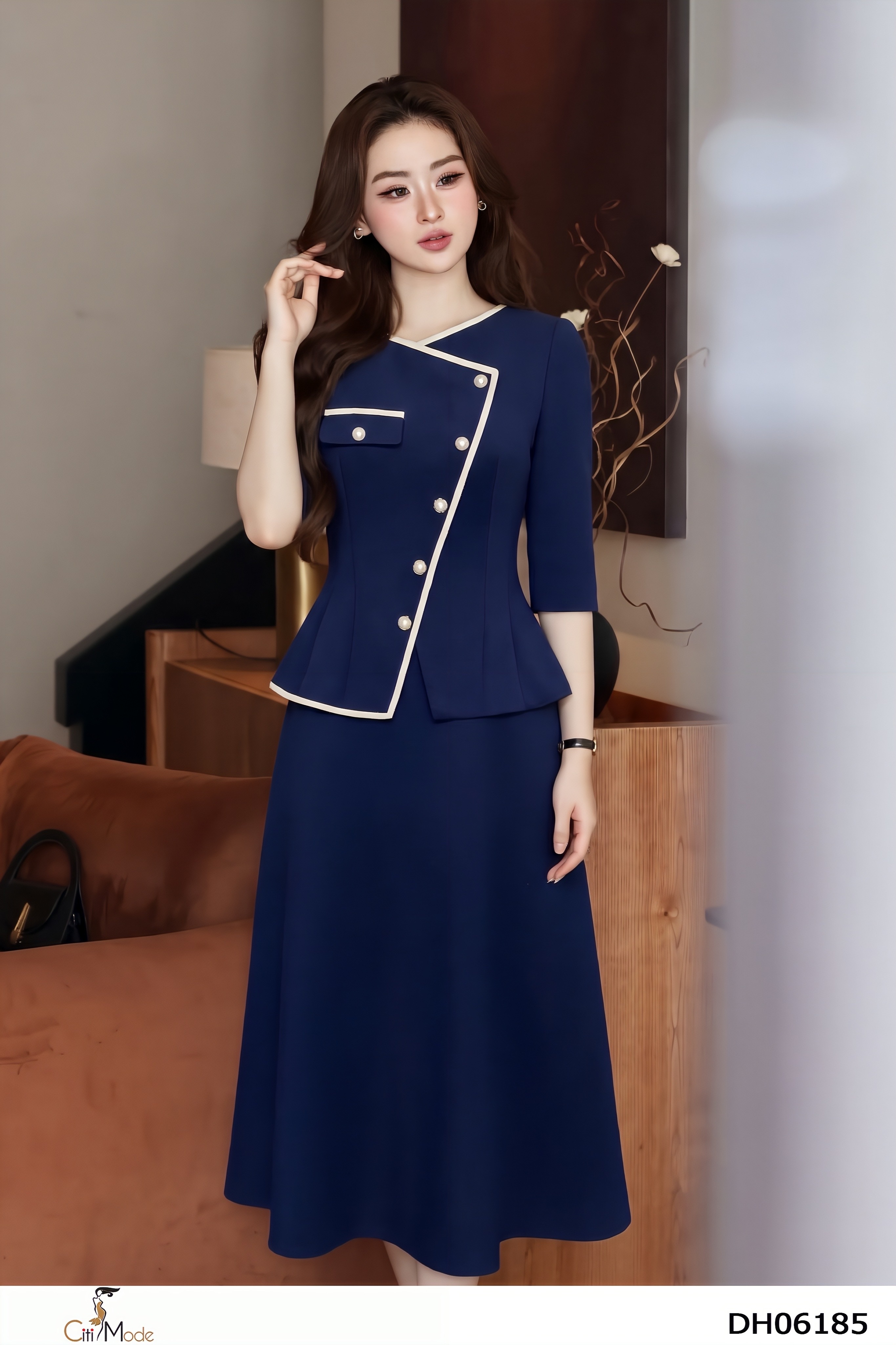 Đầm xòe giả set xanh đen tay dài cổ V  phối viền_thumbnail_2