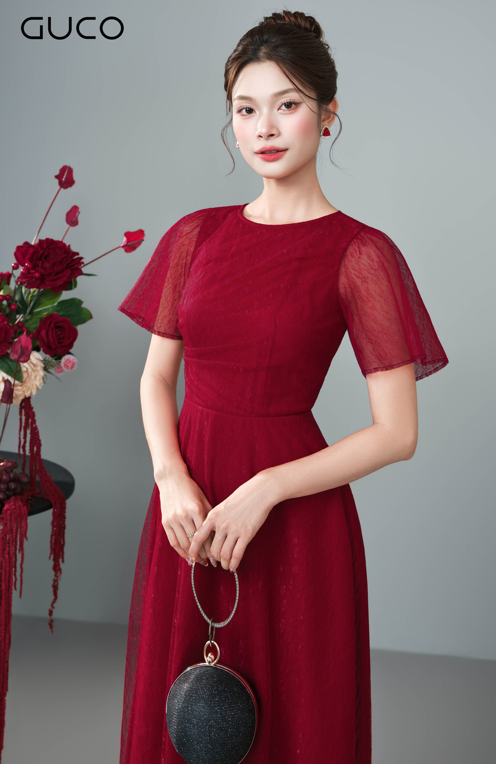 Đầm Midi Đỏ Cổ Tròn Phối Lưới Ren - 5277_thumbnail_2