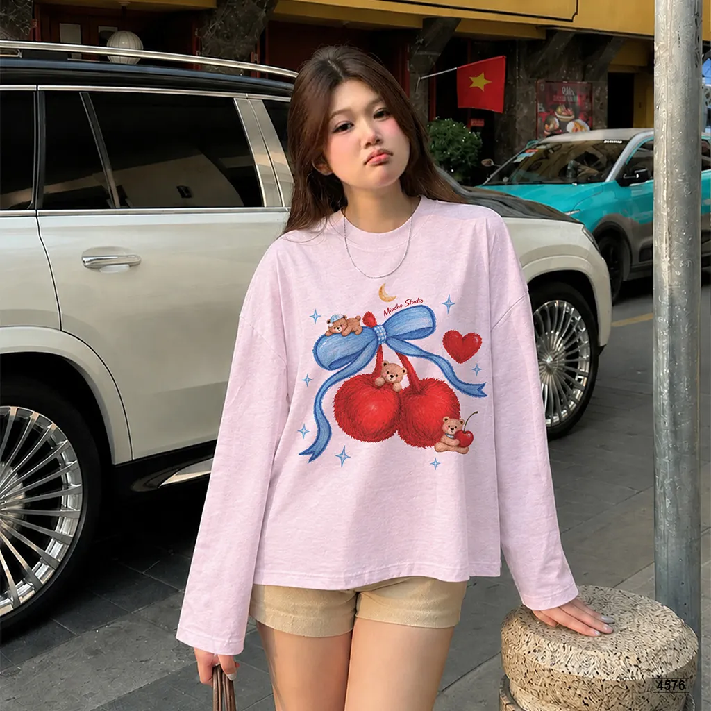 Áo thun nữ boxy tay dài chất cotton xước Teddy Táo đỏ Miucho 4576_thumbnail_5