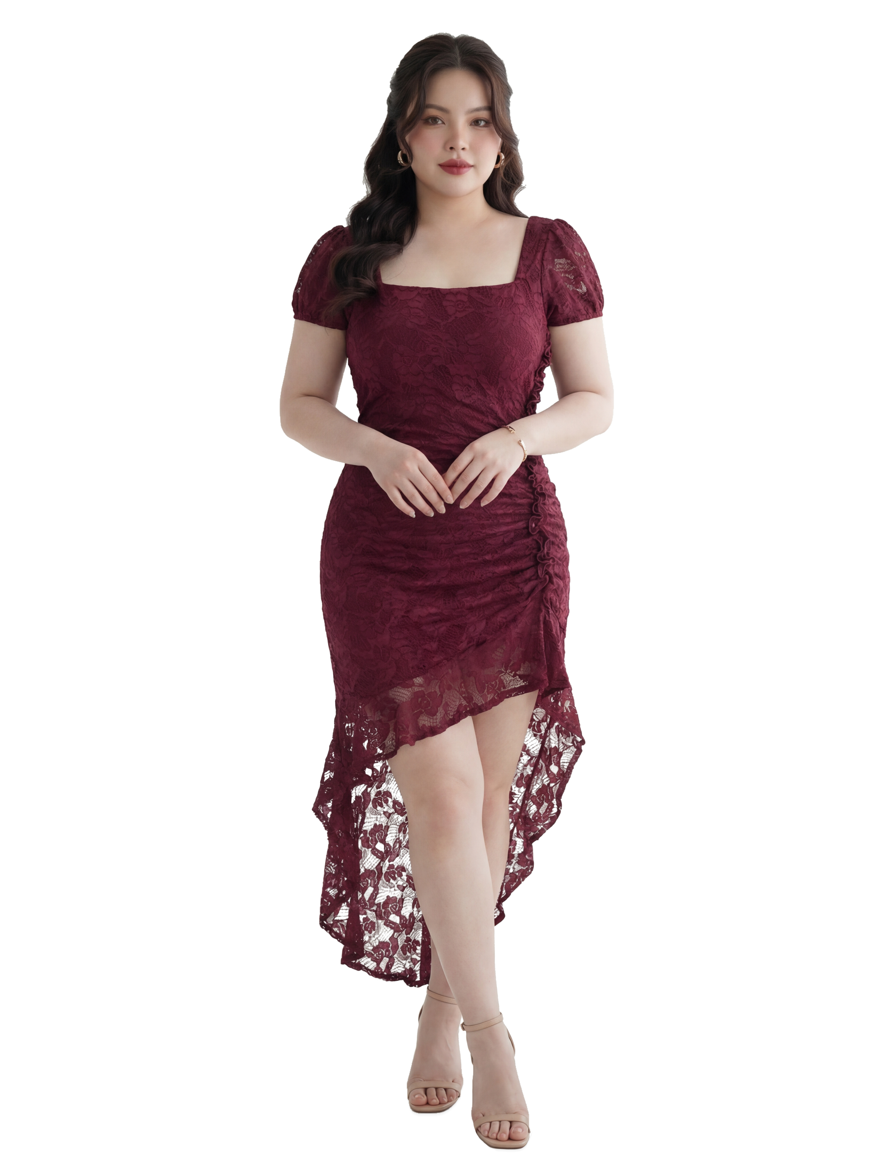 Đầm Ren Nhún Eo Bigsize Cổ Vuông Tay Phồng Dáng Dài Tà Xéo - Đỏ - Vừa 55–95kg - V-DA216