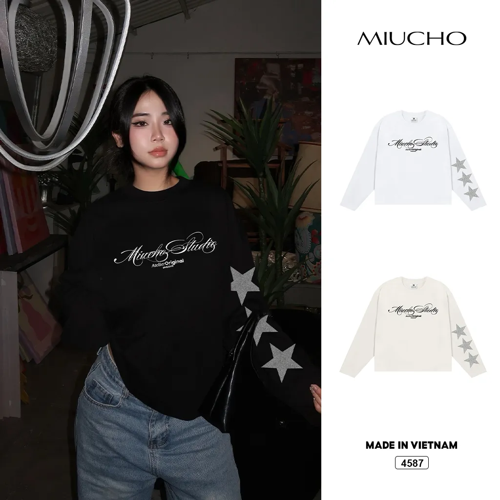 Áo thun nữ tay dài boxy Miucho phong cách Hàn Quốc ngôi sao 4587