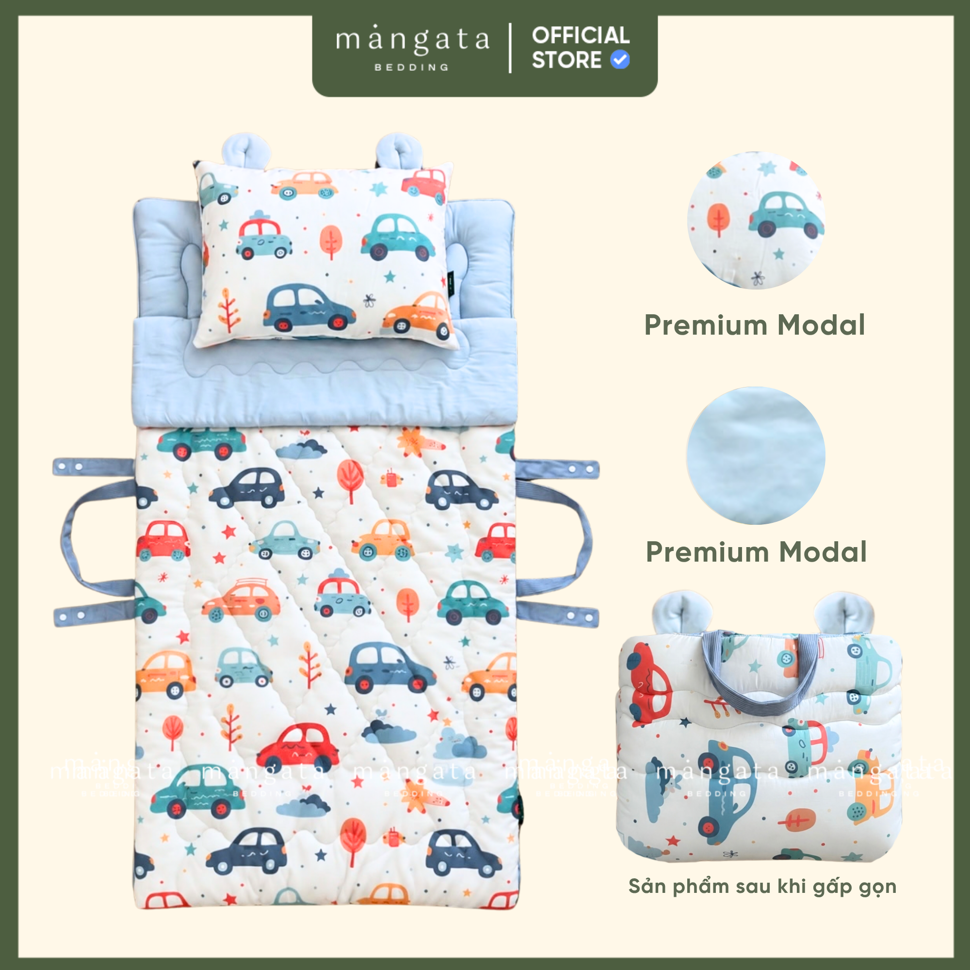 Mẫu Ô tô trên mây - Bộ chăn gối gấp gọn đi học 