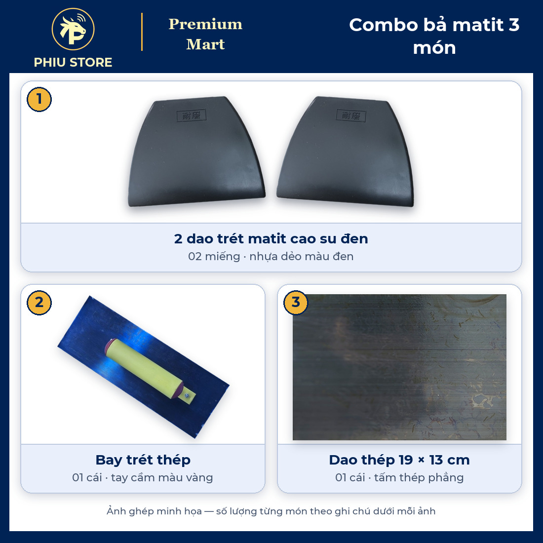 Combo Bả Matit 3 Món: 2 Dao Trét Cao Su Đen, Bay Trét Thép, Dao Thép 19 cm - Trét Bột, Trám Bề Mặt - PHIU STORE