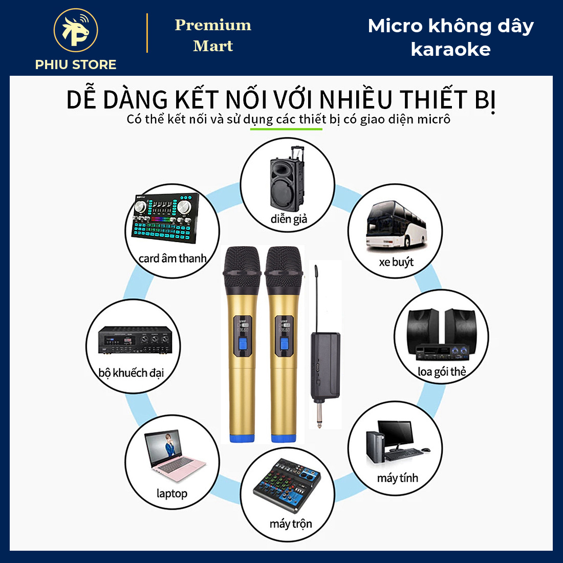 Bộ Micro Không Dây Karaoke UHF Cầm Tay, Kèm Đầu Thu Cắm Loa Kéo, Âm Ly, Mixer - PHIU STORE_thumbnail_1