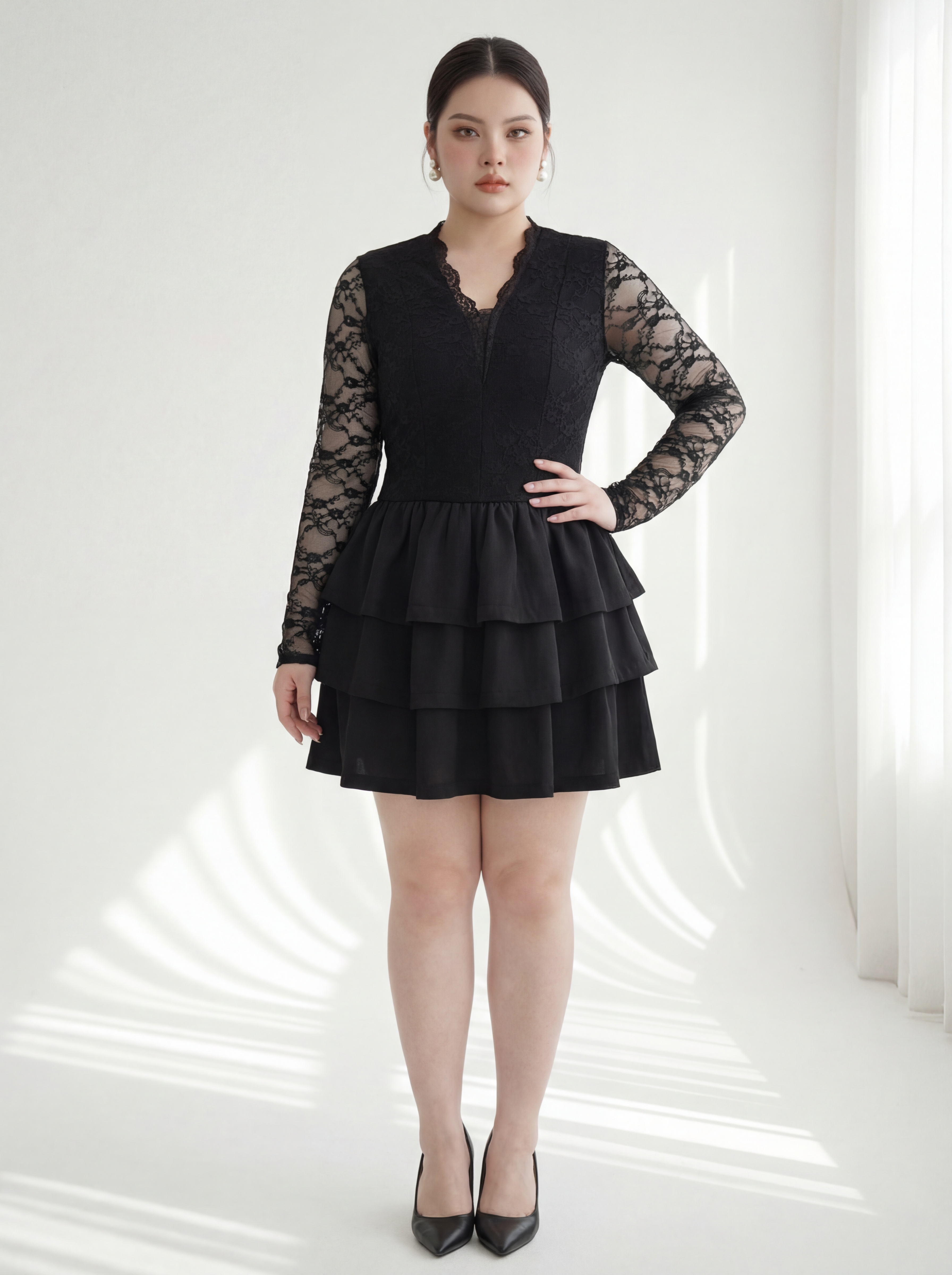 BIGSIZE NỮ - Đầm ren ôm phối tùng V-DA212