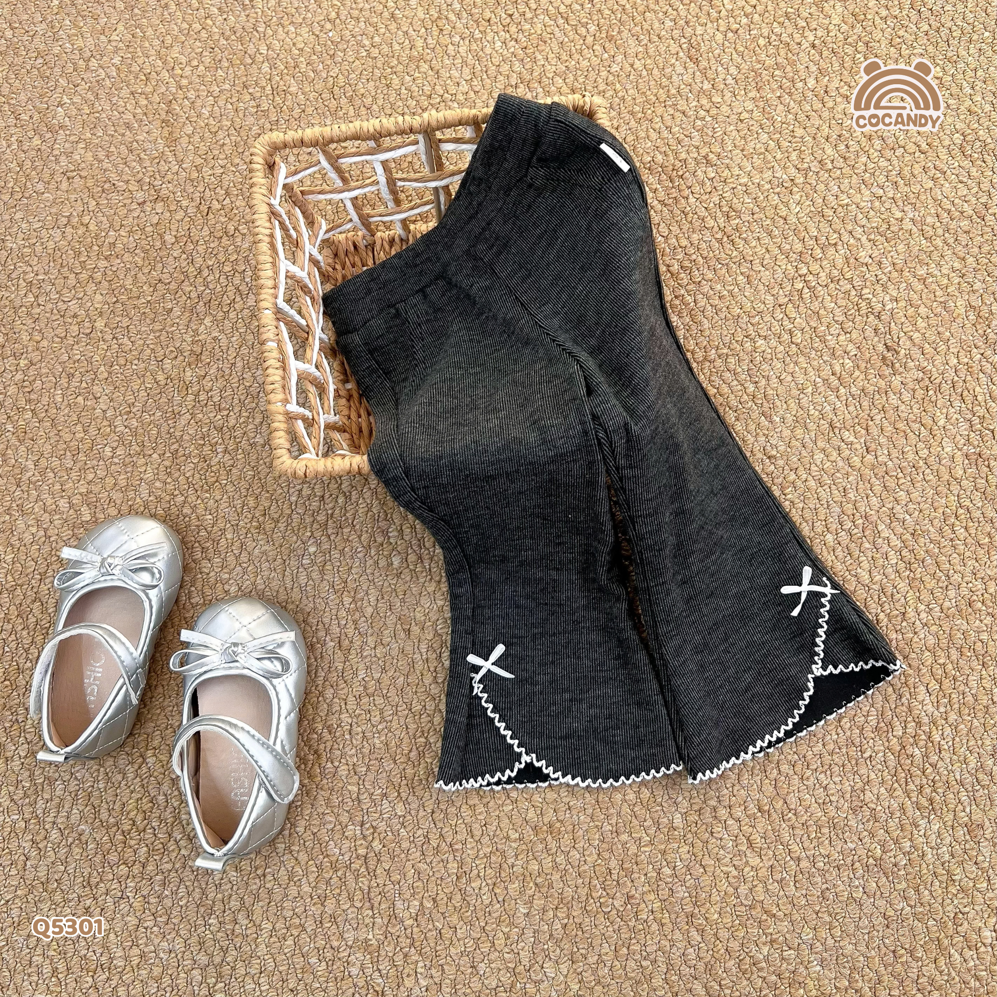 Quần dài legging XÁM ĐẬM phối nơ gấu