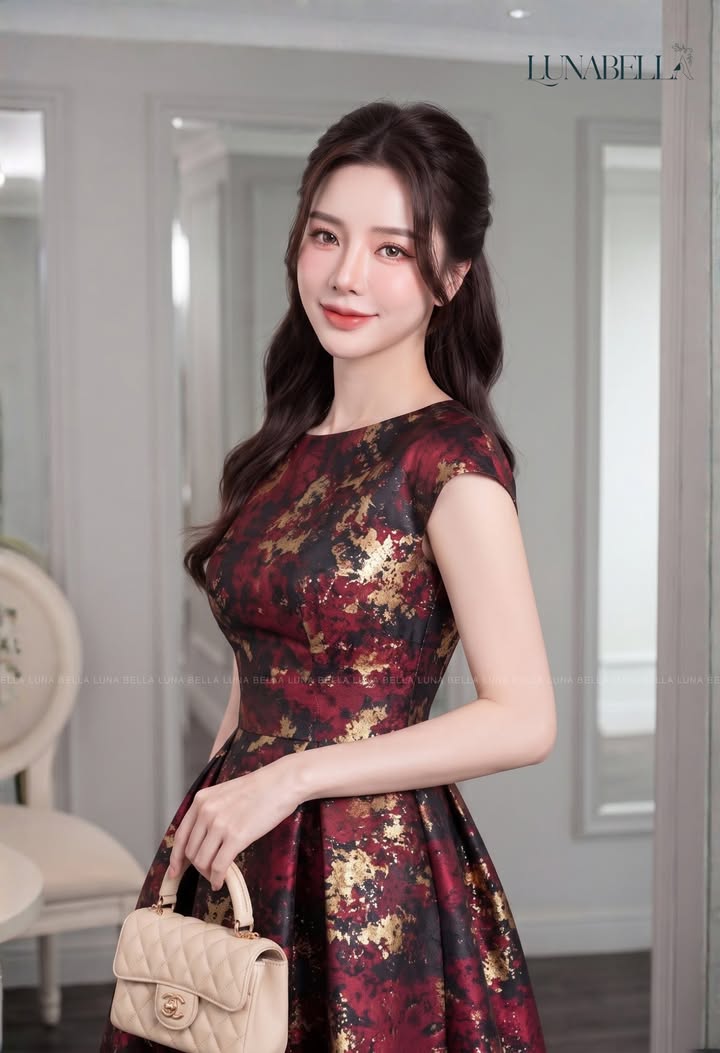 Váy xoé hoạ tiết ánh kim tay chờm RINA màu ĐEN_thumbnail_2