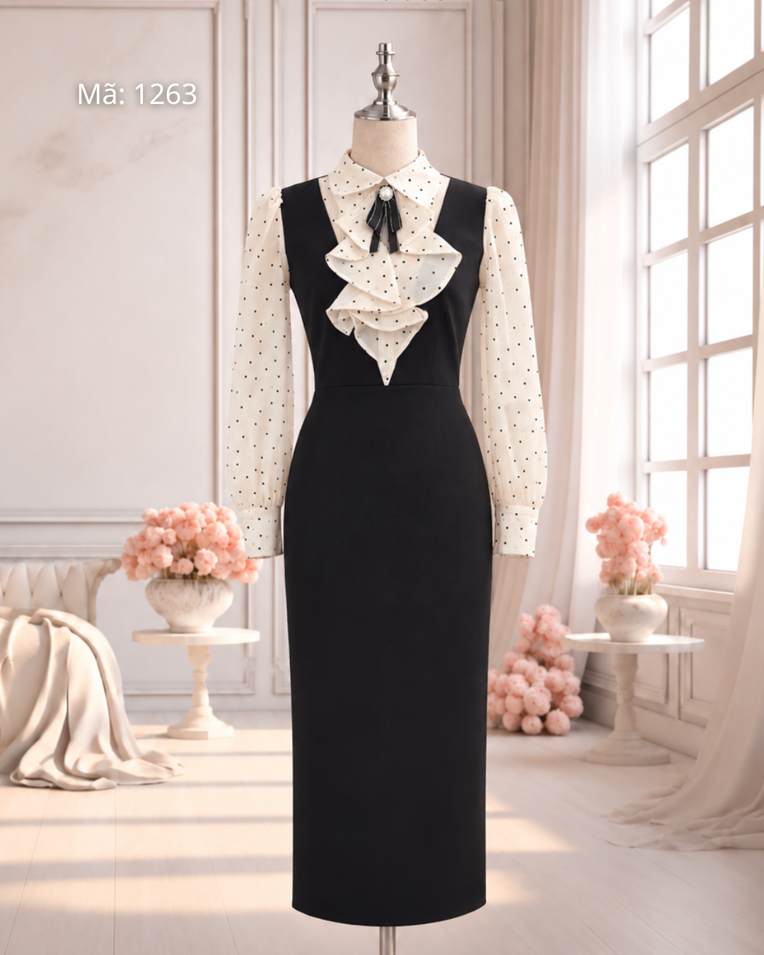 Đầm Bút Chì Cổ Bèo Phối Chấm Bi