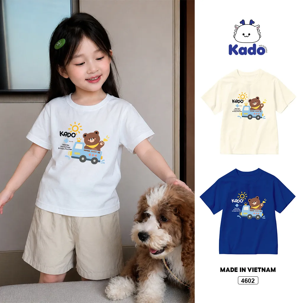 Áo thun trẻ em Kado cổ tròn in hình gấu lái xe hoạt hình dễ thương năng động cho bé trai bé gái 4602