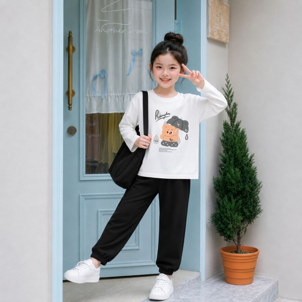 Set bộ Thu - Đông chất liệu cotton bé gái in hình gấu che ô Rainyday đáng yêu - Loza Kids BW001_thumbnail_0