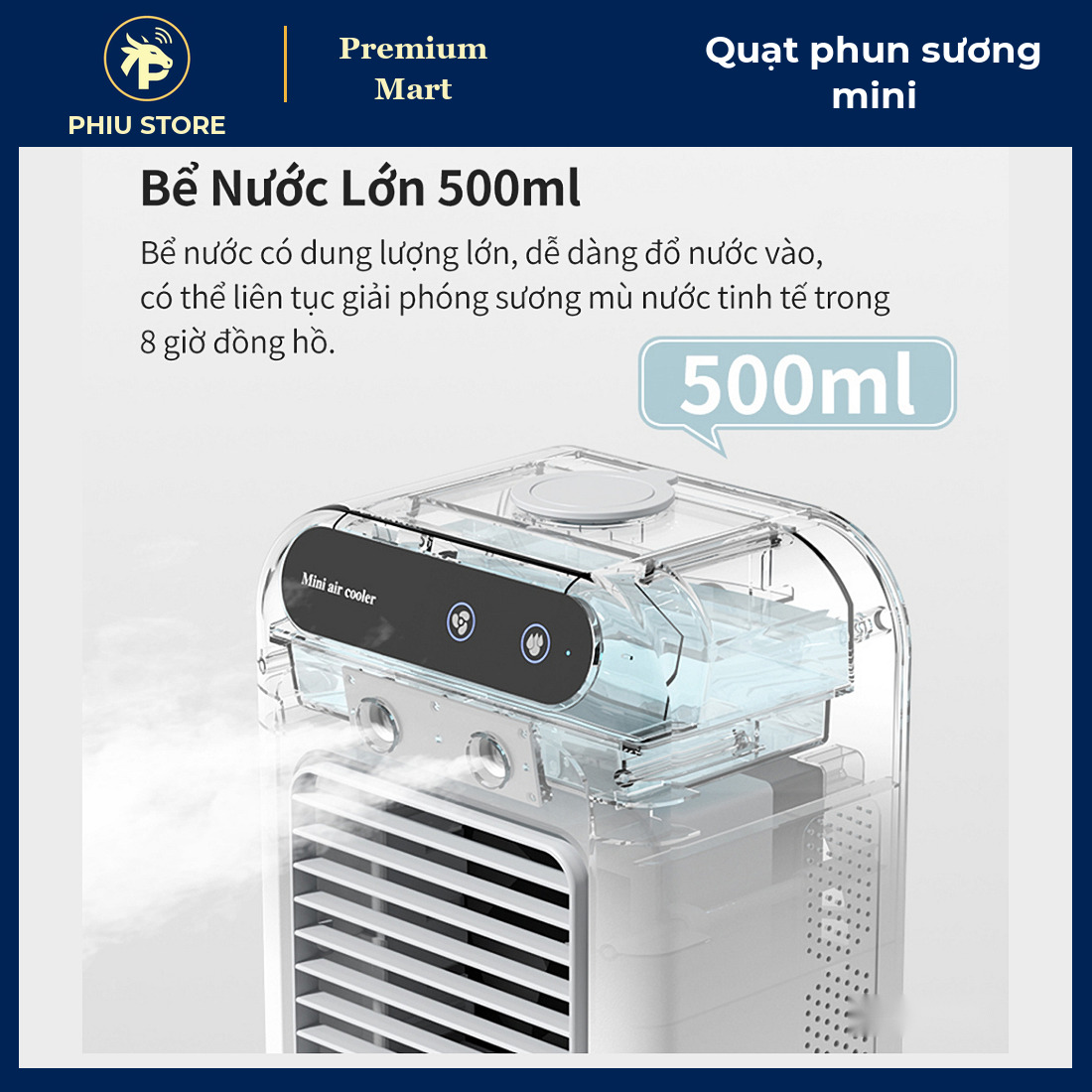 Quạt Phun Sương Tích Điện Mini Để Bàn, Bình Nước 500 Ml, 2 Tốc Độ Gió, Sạc Type C, Quạt Hơi Nước Làm Mát - PHIU STORE_thumbnail_4