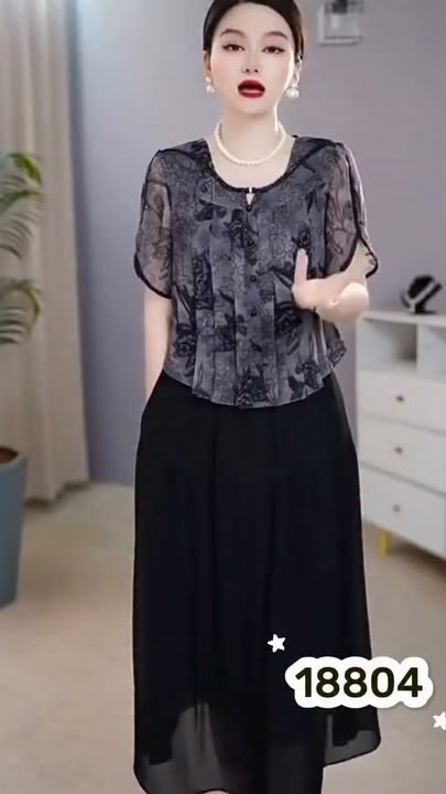 18804-Đầm xòe giả rời phối xám đen tay lở (voan,lót)