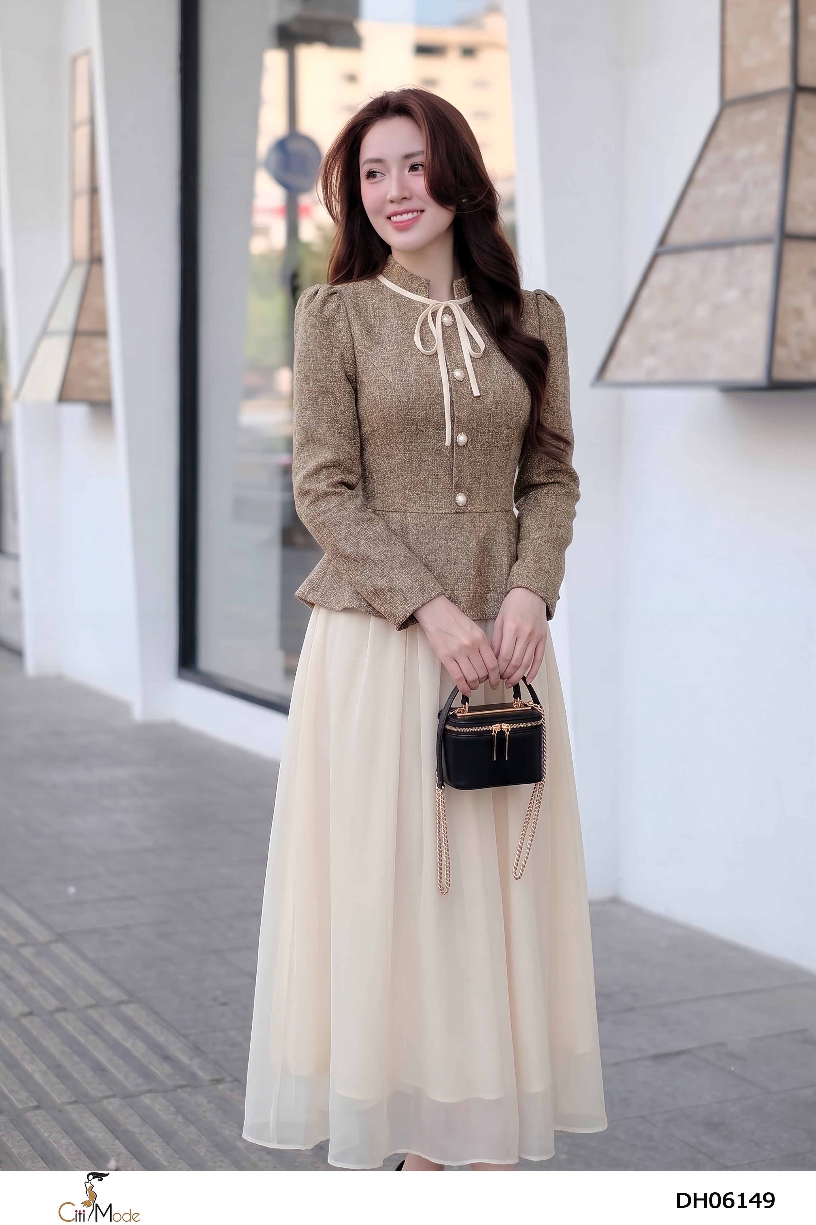 Đầm xòe voan tơ phối dạ ghi nâu cổ tròn tay dài_thumbnail_2