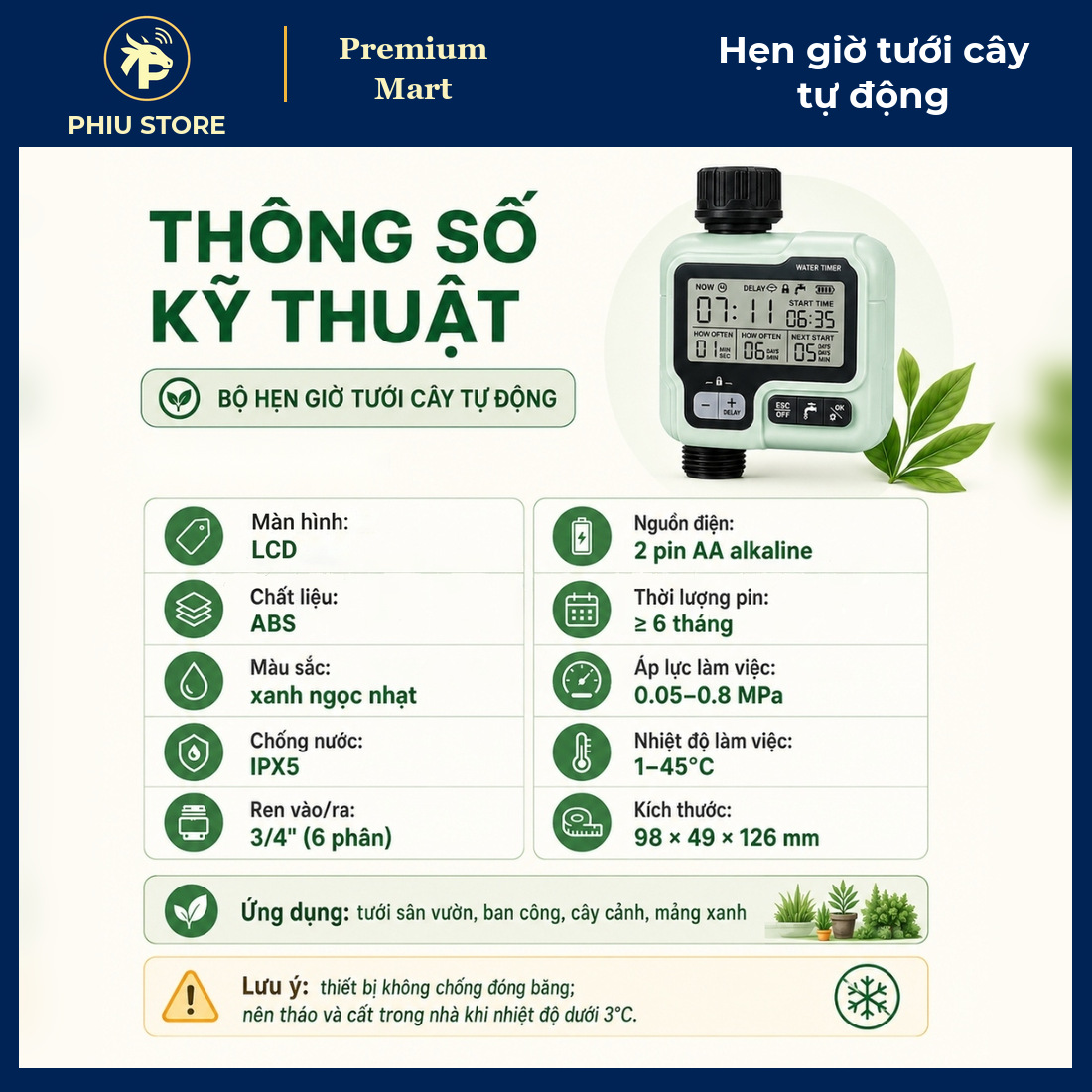 Máy Hẹn Giờ Tưới Cây Tự Động Màn Hình LCD IPX5 Gắn Vòi Nước, Dùng Cho Tưới Nhỏ Giọt, Phun Sương - PHIU STORE_thumbnail_4