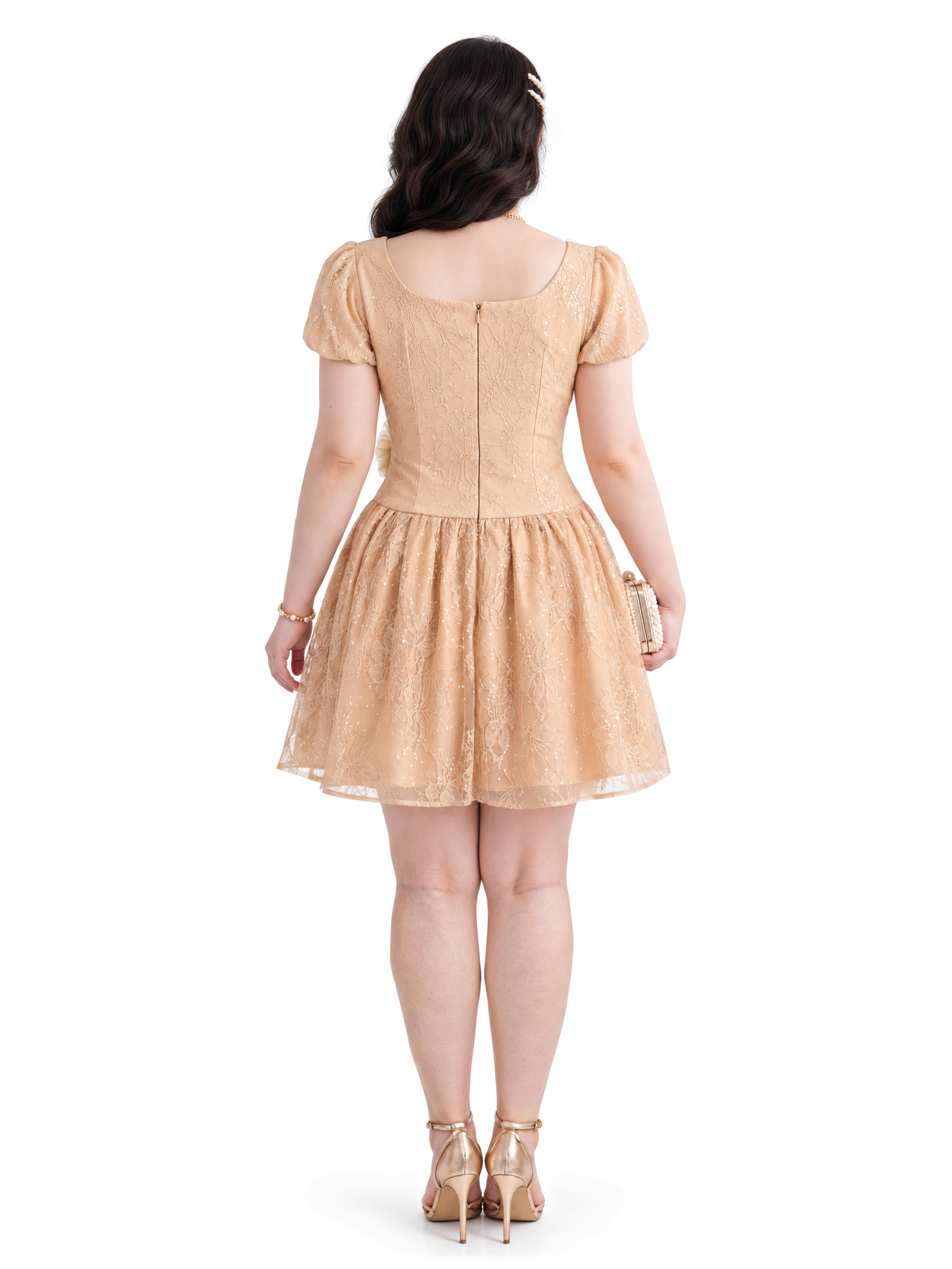 Đầm Ren Hoa Kim Tuyến Bigsize Cổ Vuông Ba Lớp Tùng Phồng - Be - Vừa 55–95kg - V-DA236_thumbnail_2