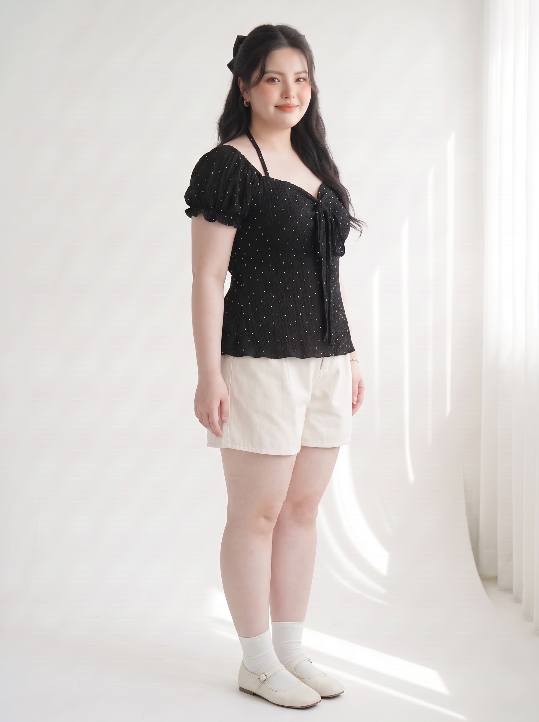 Áo Babydoll Bigsize Chấm Bi Tay Phồng Che Bụng - Đen - Vừa 55-90kg - AK104_thumbnail_2
