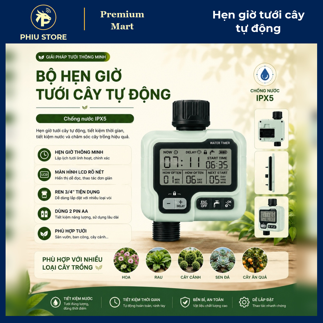 Máy Hẹn Giờ Tưới Cây Tự Động Màn Hình LCD IPX5 Gắn Vòi Nước, Dùng Cho Tưới Nhỏ Giọt, Phun Sương - PHIU STORE