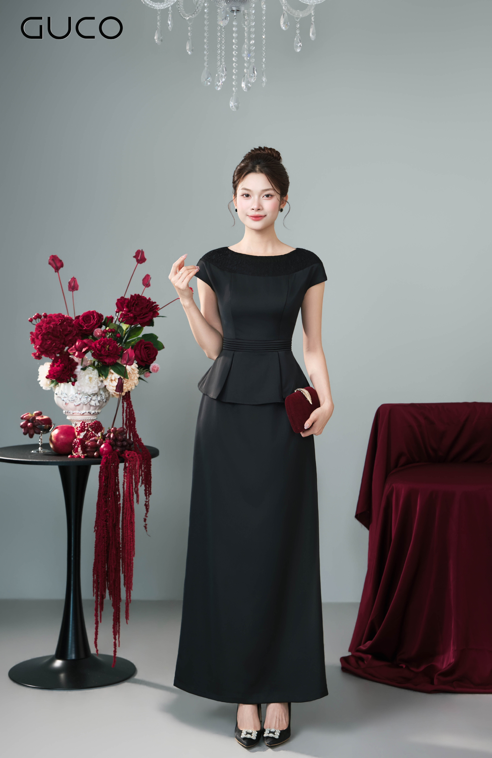 Đầm Dạ Hội Đen Peplum Cổ Phối Xếp Ly - 5297
