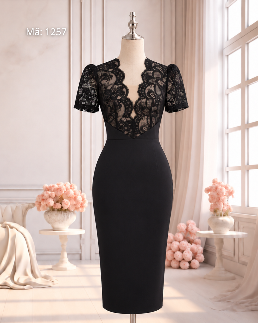 Đầm Bút Chì Cổ V Ren Ngực Phối Lưới