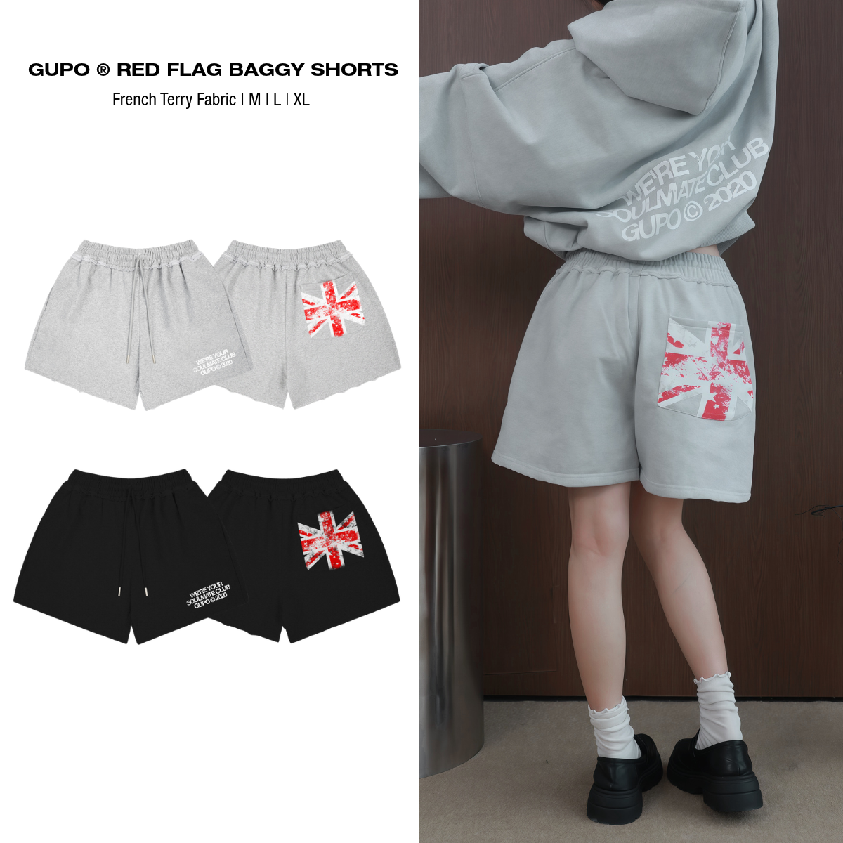 Quần Short Nỉ GUPO Red Flag Baggy Short Nỉ Chân Cua Form Rộng Trên Gối Unisex Local Brand - QSN02