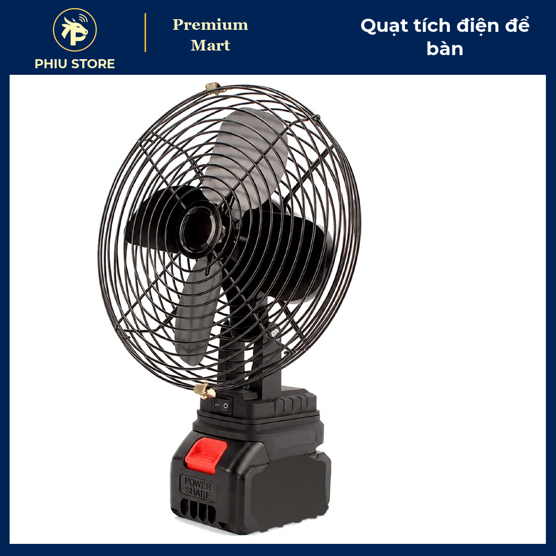 Quạt Tích Điện Để Bàn Lồng Sắt 8 Inch 35W, Pin Sạc 5 Cell, 2 Tốc Độ Gió - Dùng Khi Cúp Điện, Cắm Trại - PHIU STORE