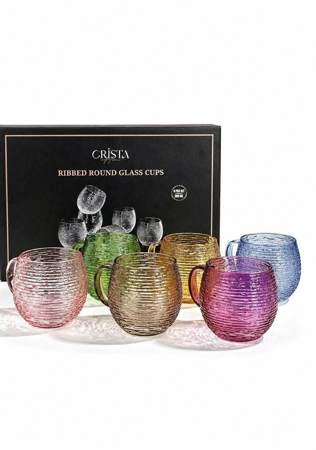 Bộ 6 cốc thủy tinh dáng bầu vân ngang có quai 350ml CRISTA HOME