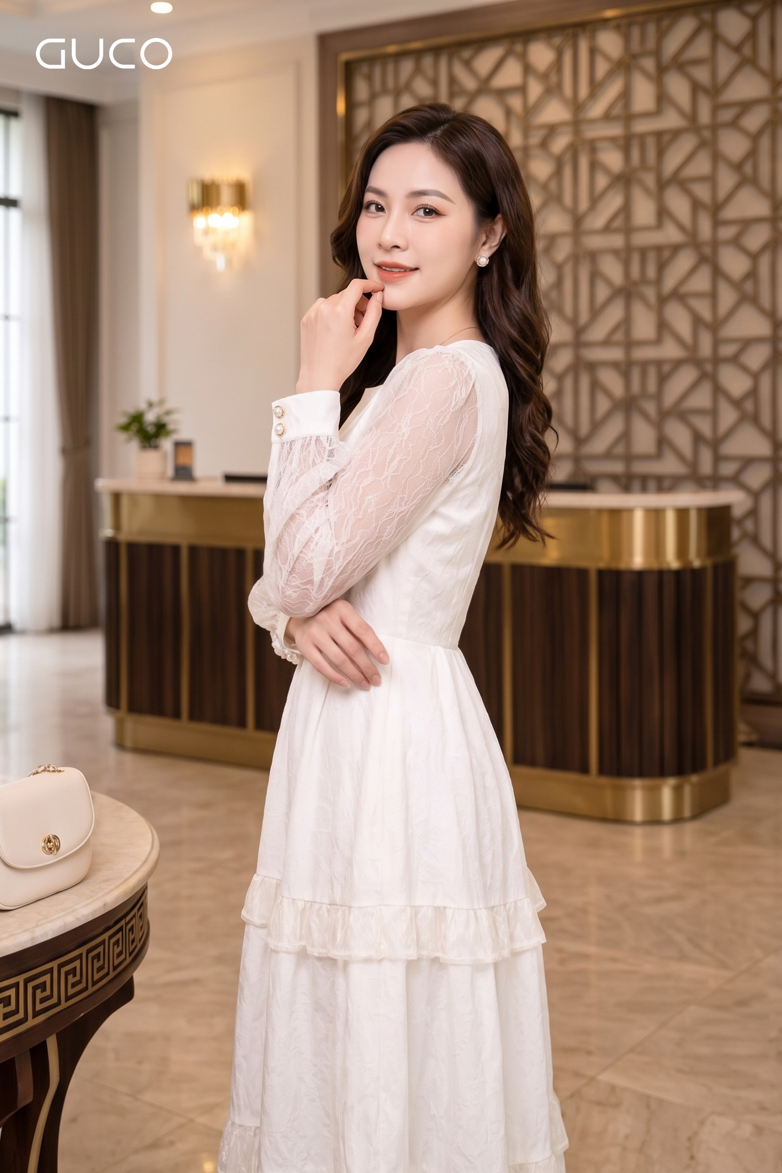 Đầm Xòe Trắng Kem Phối Tơ Xếp Tầng Tay Dài - 5283