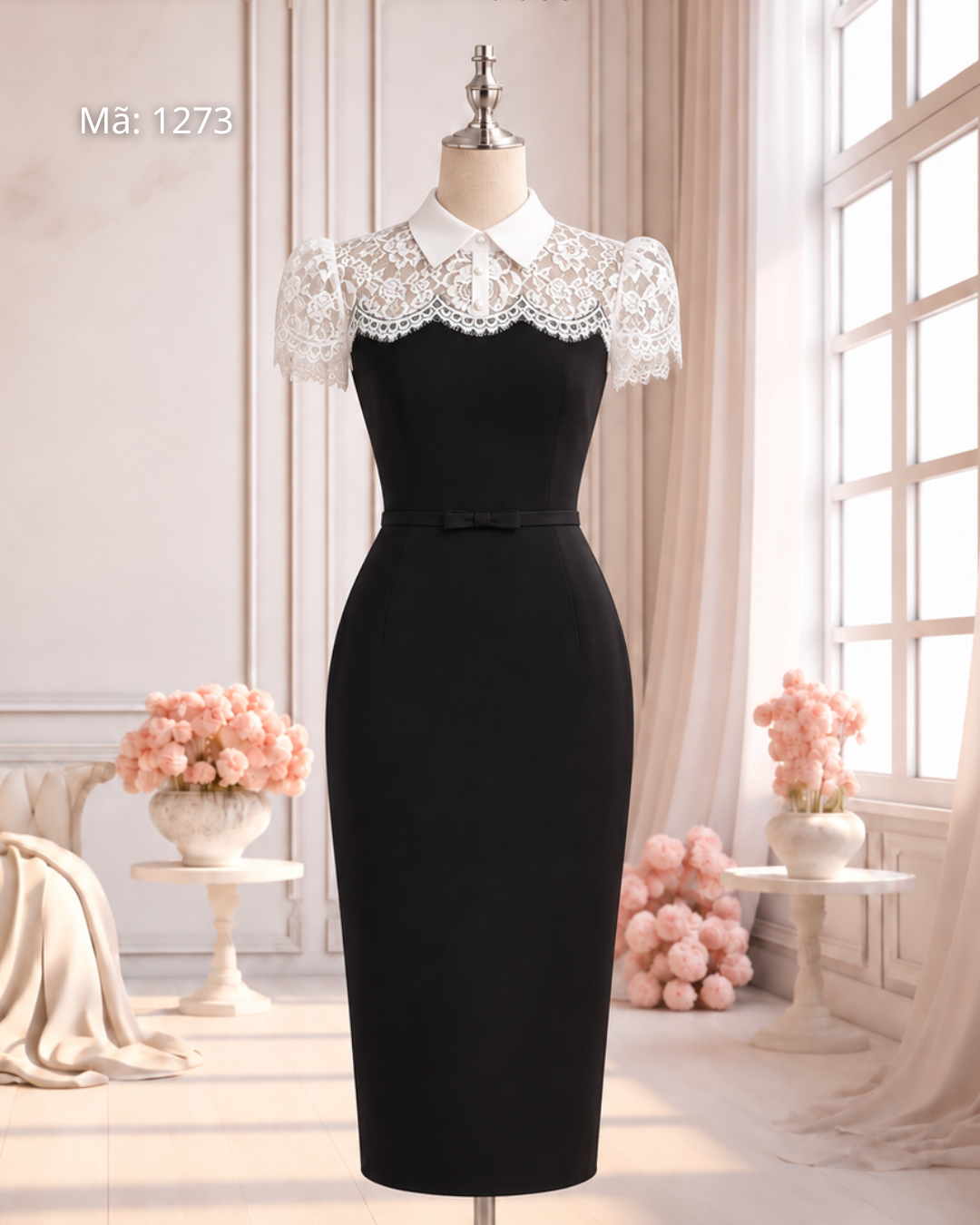 Đầm Bút Chì Cổ Đức Phối Ren Nơ Eo