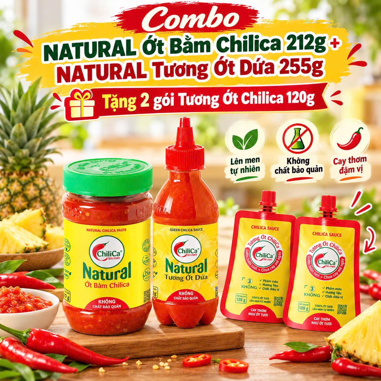 COMBO ỚT BẰM CHILICA+TƯƠNG ỚT DỨA NATURAL TẶNG 2 GÓI TƯƠNG ỚT