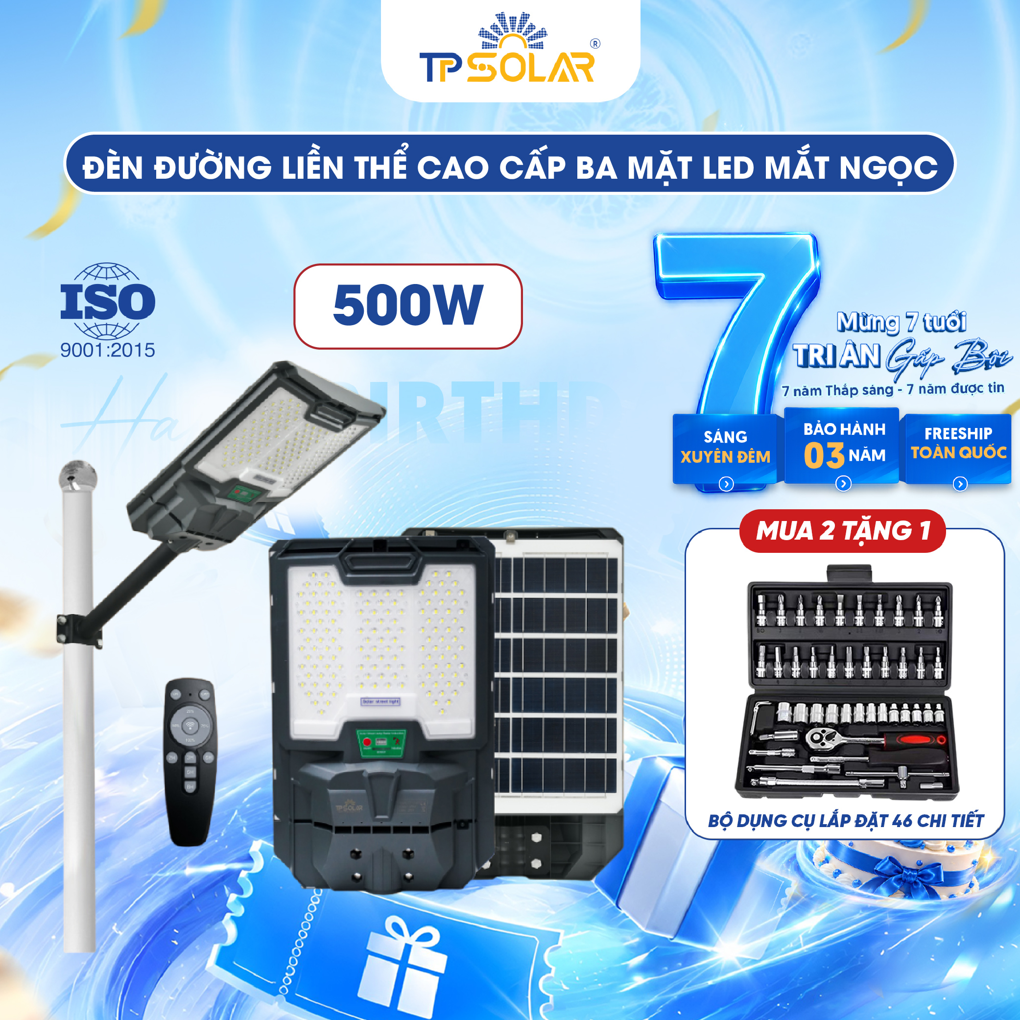Đèn đường liền thể cao cấp 3 mặt LED mắt ngọc năng lượng mặt trời TP SOLAR LT11