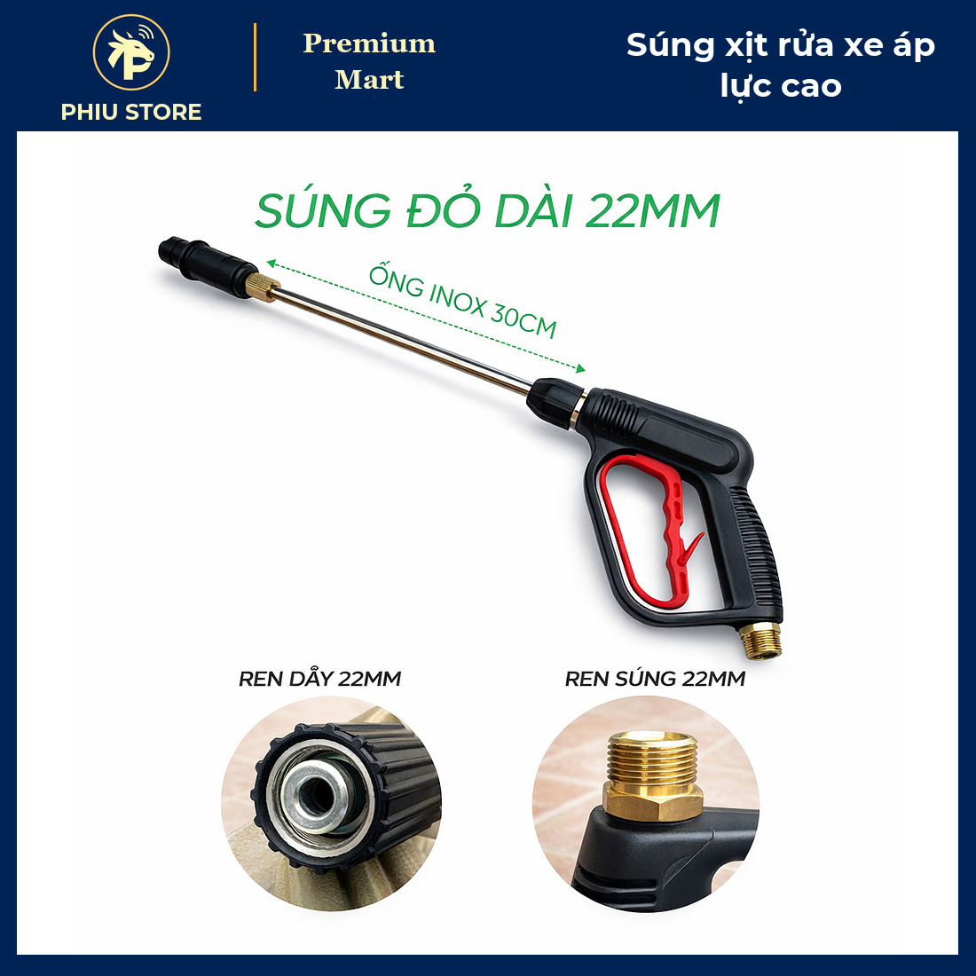 Súng Xịt Rửa Xe Áp Lực Cao, Chọn Súng Đỏ Hoặc Súng Đen, Có Bản Kèm Ống Nối Inox, Ren 22 mm Và 14 mm - PHIU STORE_thumbnail_2