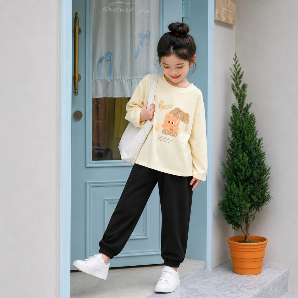 Set bộ Thu - Đông chất liệu cotton bé gái in hình gấu che ô Rainyday đáng yêu - Loza Kids BW001