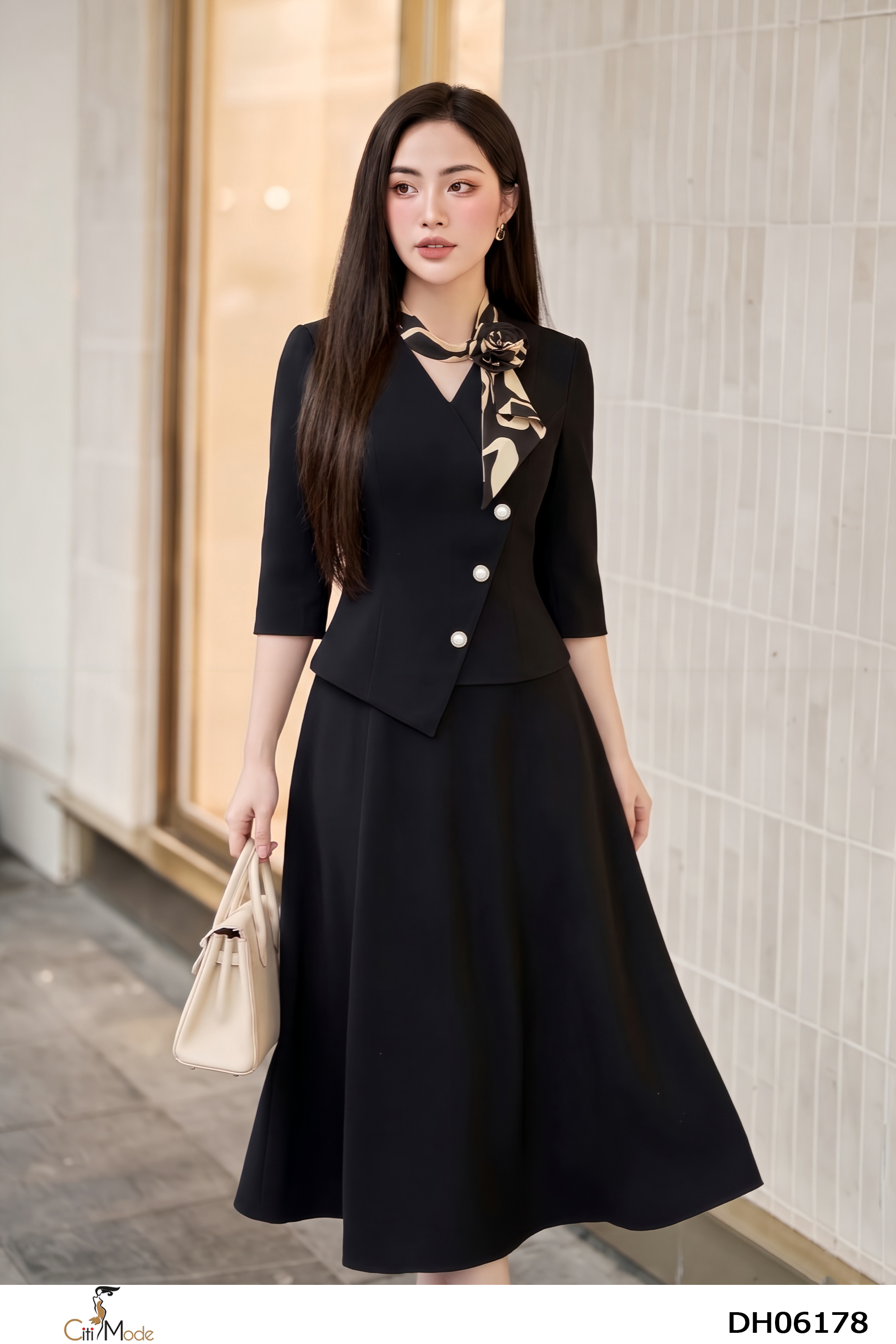 Đầm xòe peplum đen cổ phối nơ hoa lệch tay lỡ_thumbnail_2