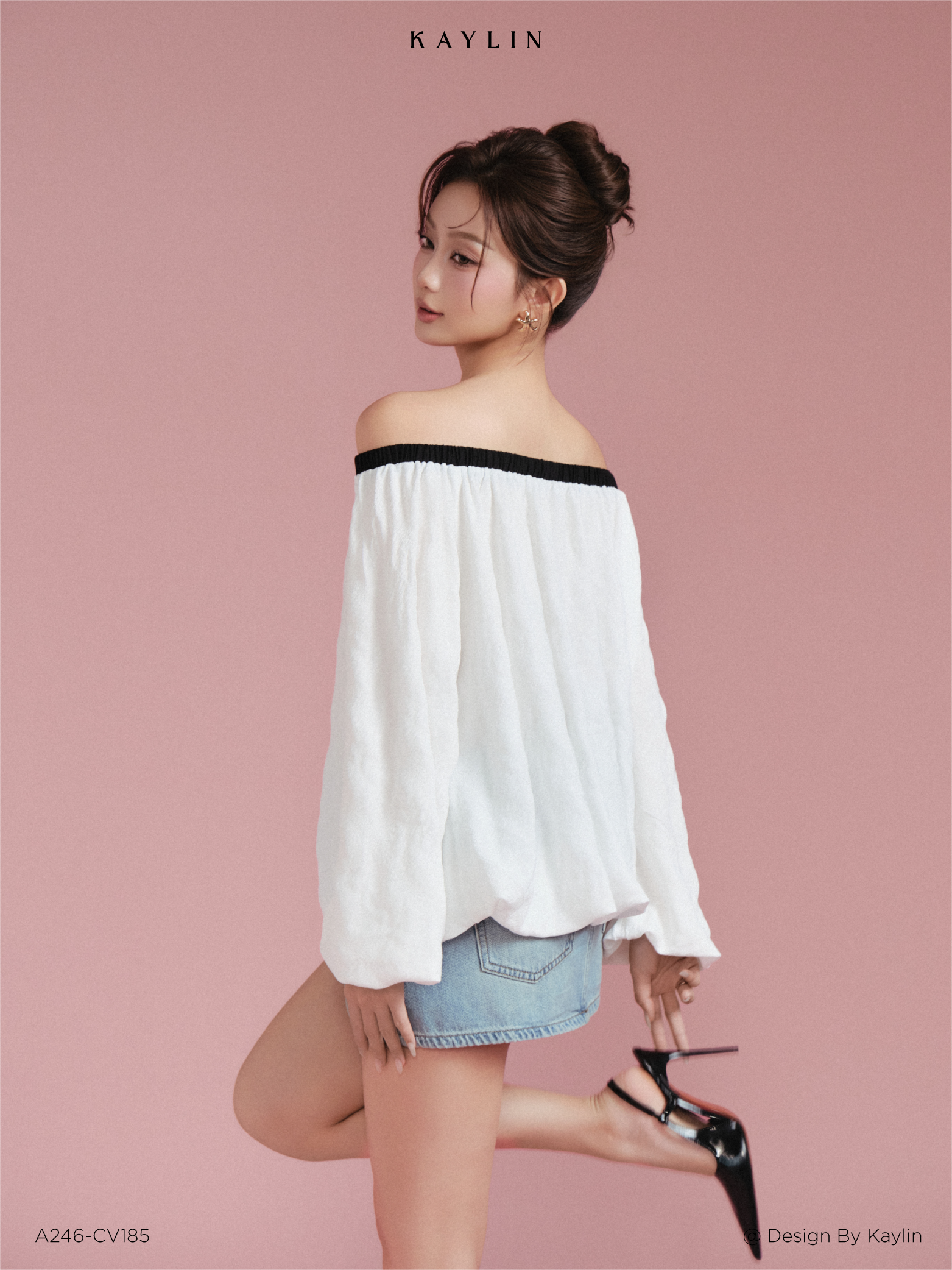 Áo Tơ Trễ Vai Nhún Phồng Viền Đen KAYLIN Mirelle Top_thumbnail_1