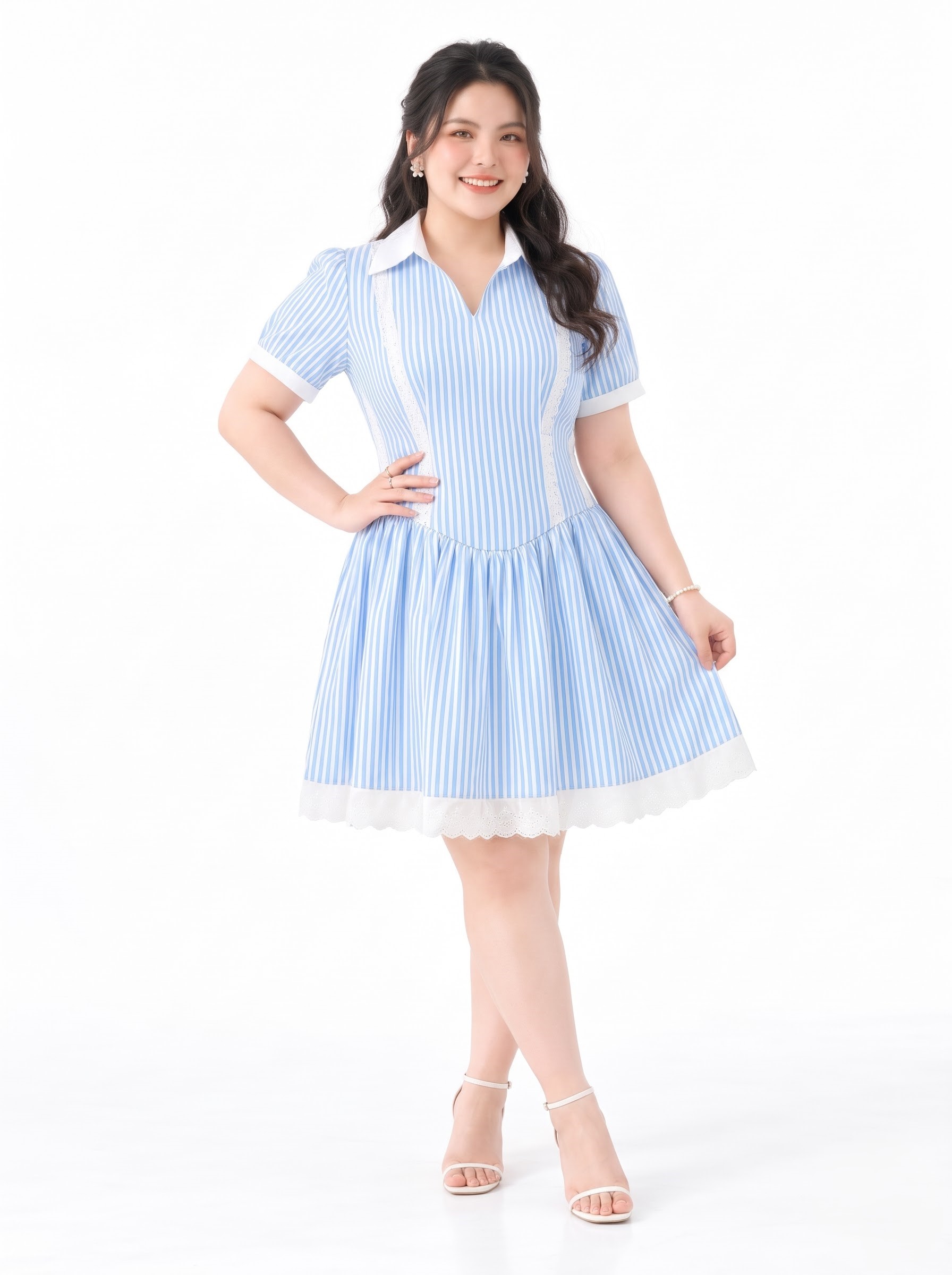 BIGSIZE NỮ - Đầm sọc dáng A phối ren dành cho nàng béo từ 55-90kg V-DA207
