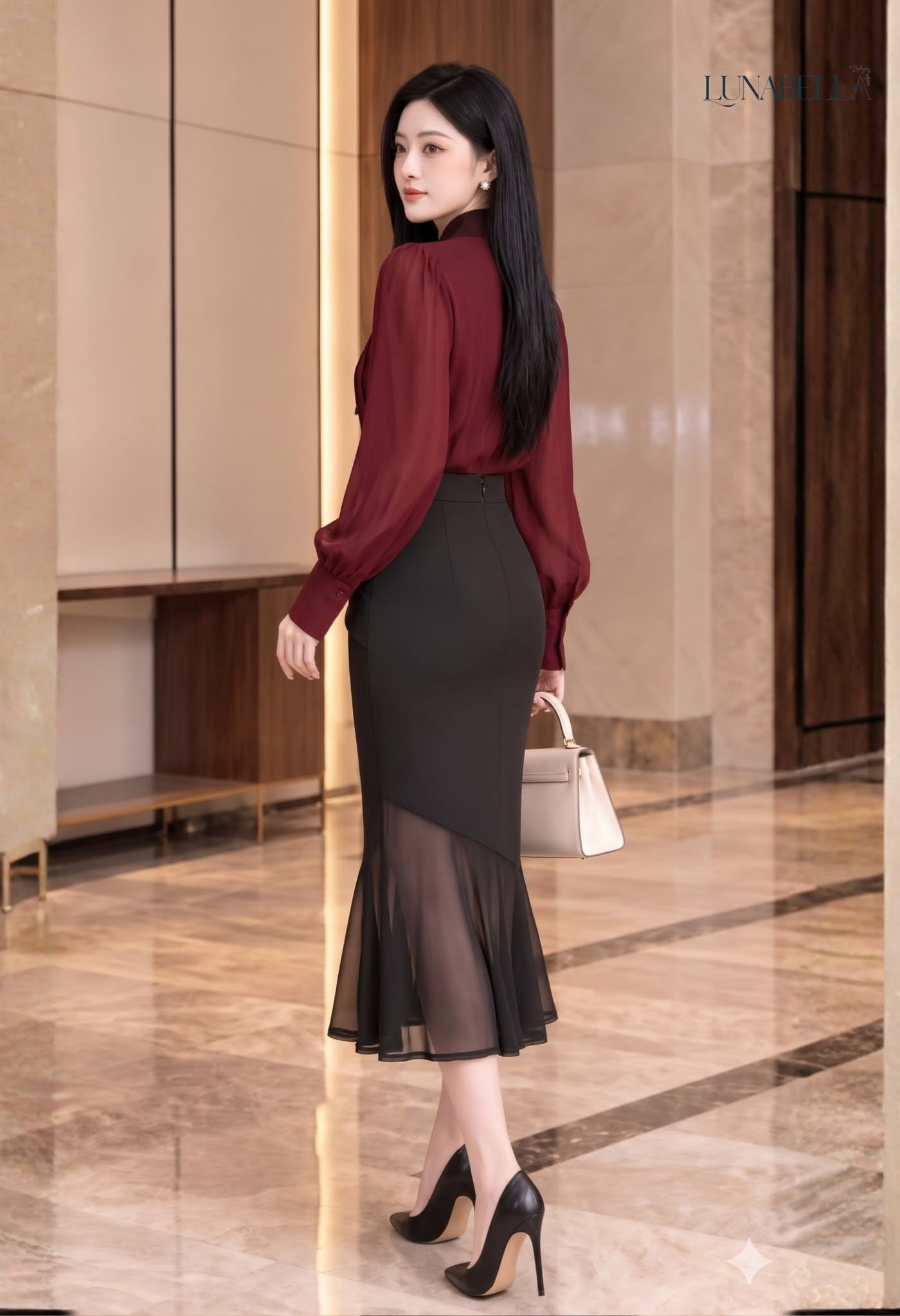 Chân đầm vạt chéo mix voan tơ ROSELIA màu ĐEN