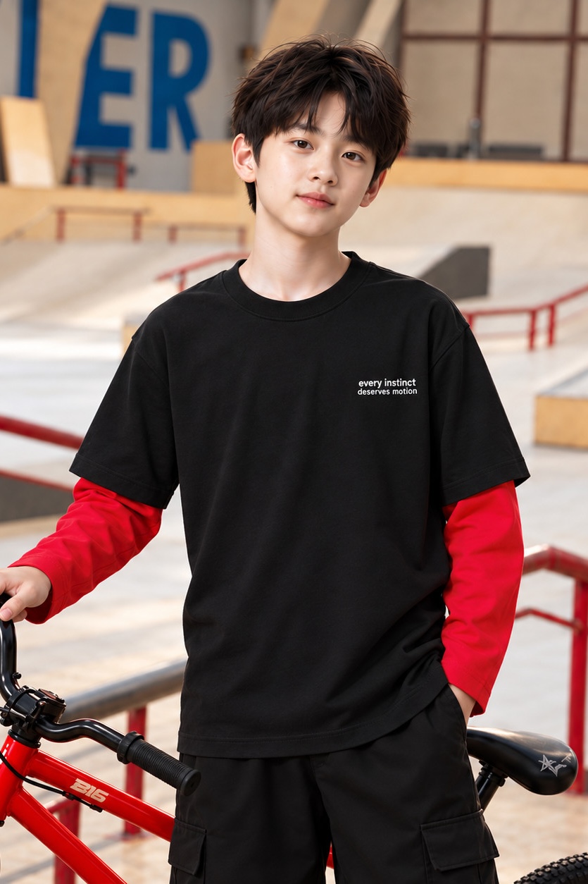 Áo phông dài tay nam tuổi teen đen phối đỏ