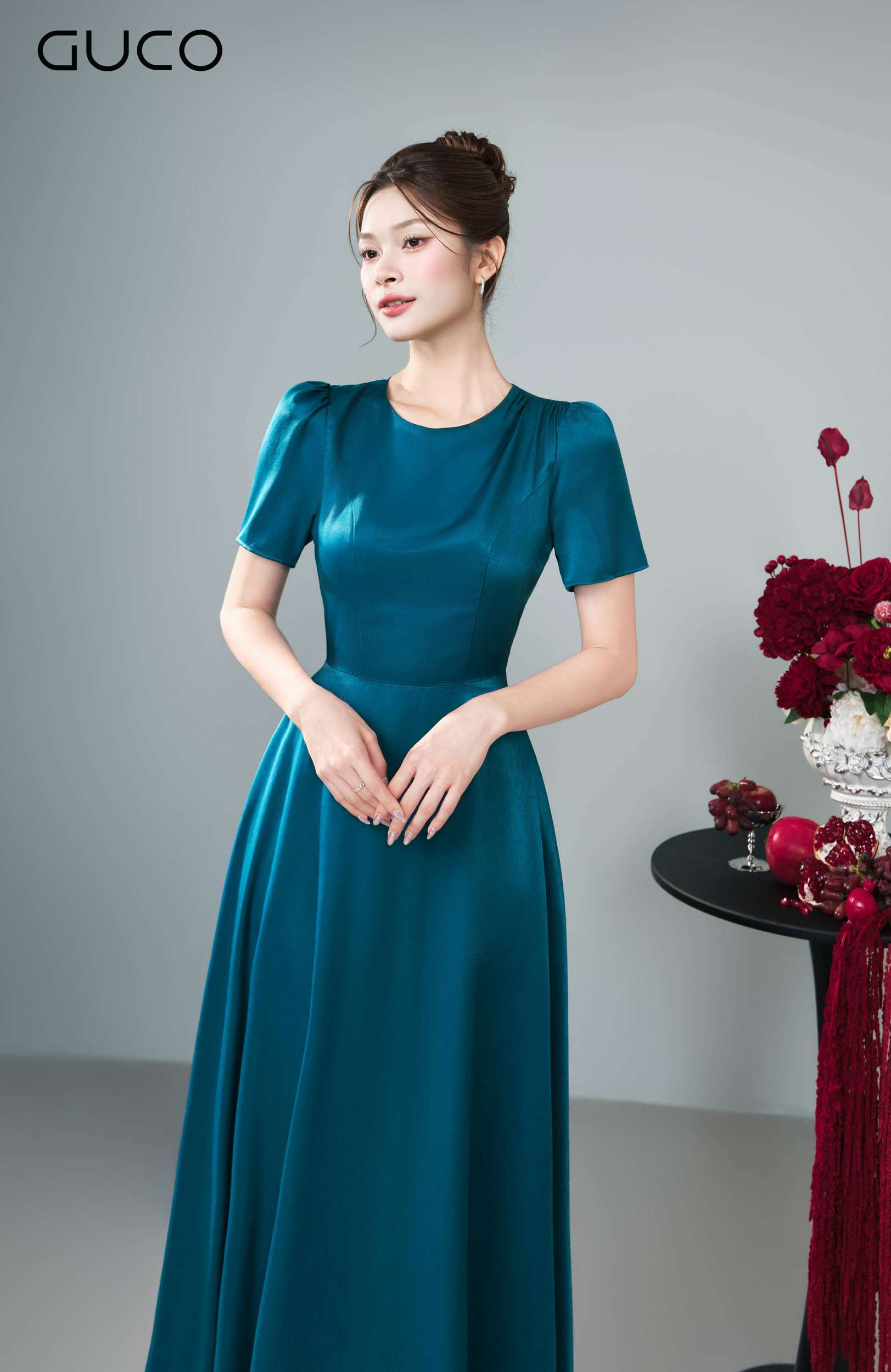 Đầm Dài Xanh Teal Cổ Tròn Nhún Vai - 5285_thumbnail_1