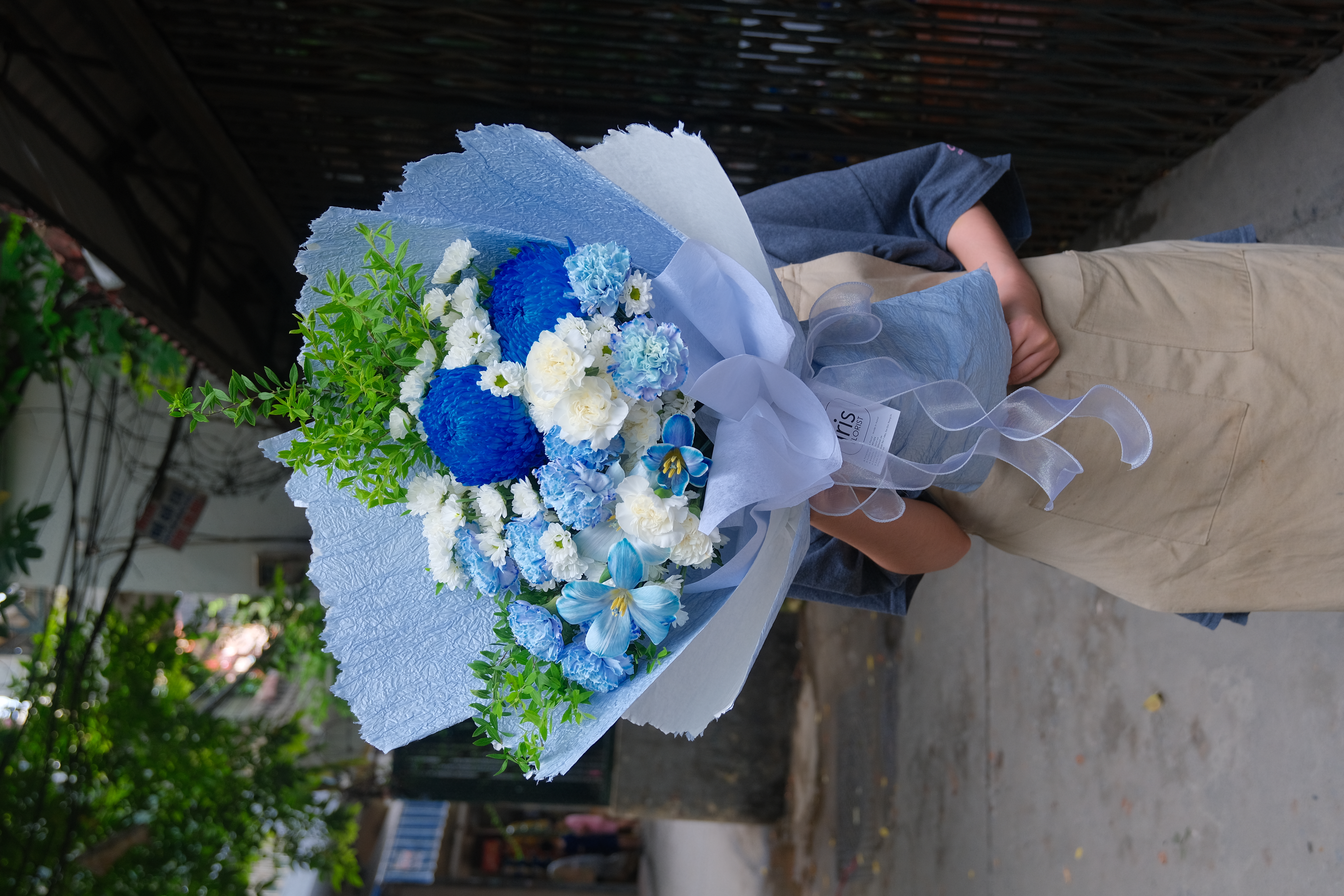 Bó hoa Cúc mẫu đơn mix tone xanh Blue - Size L