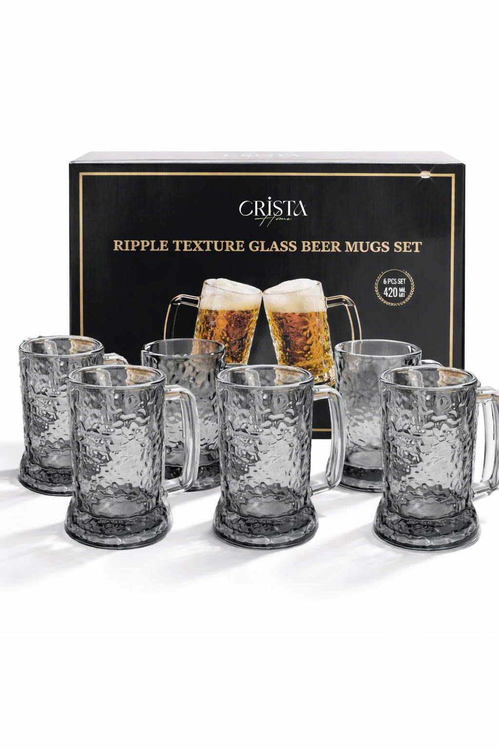 Bộ 6 cốc ly bia thủy tinh vân sóng nước có quai 420ml Crista Home