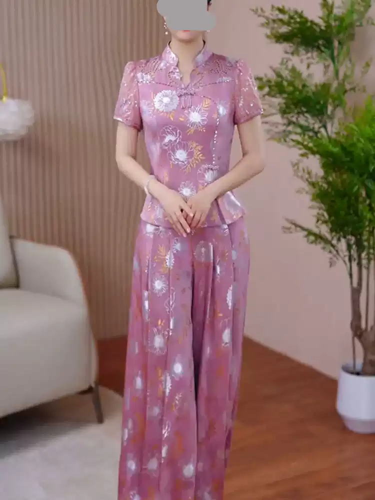18820- Set bộ lụa gấm hồng họa tiết