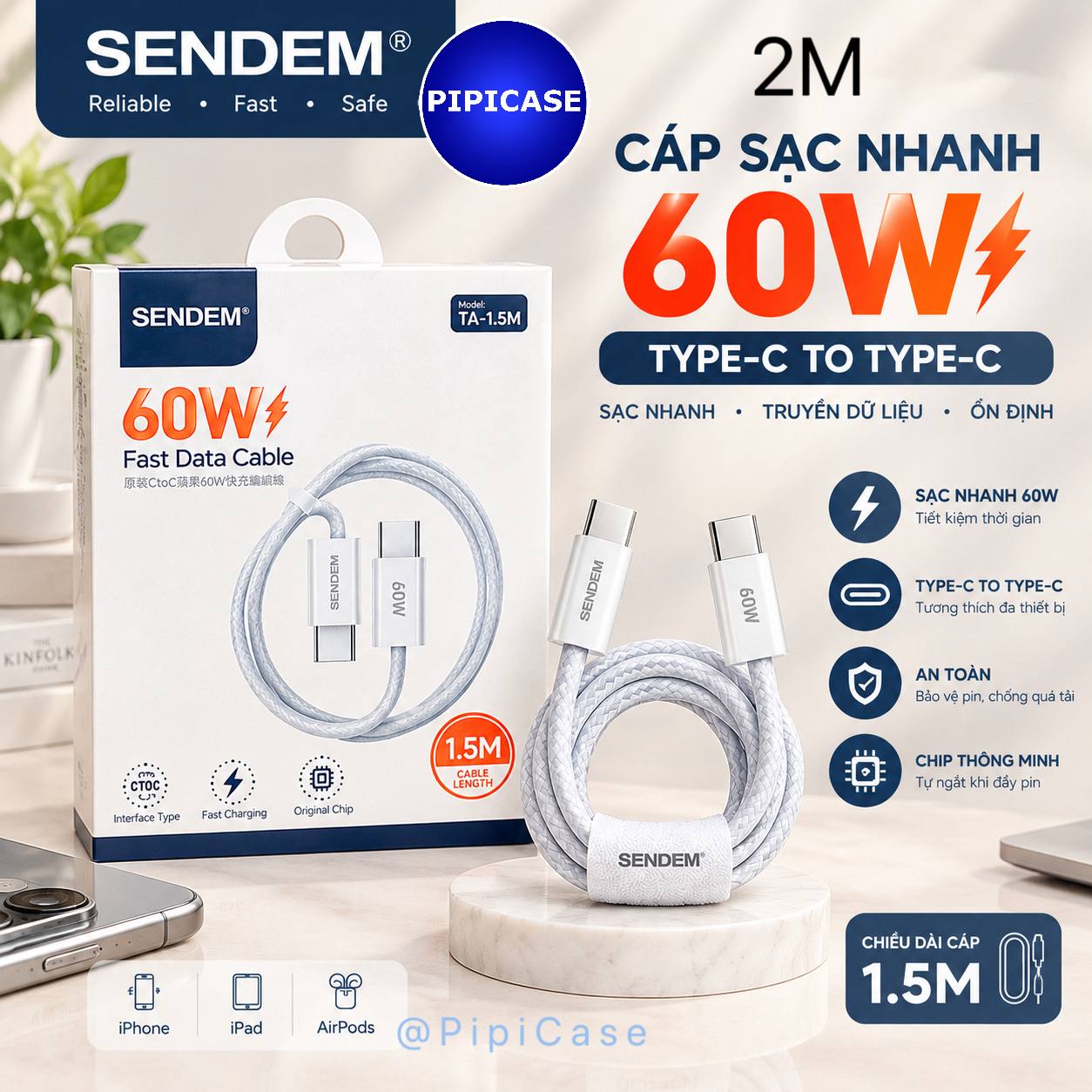 Cáp sạc SENDEM Type C to type C 2M
