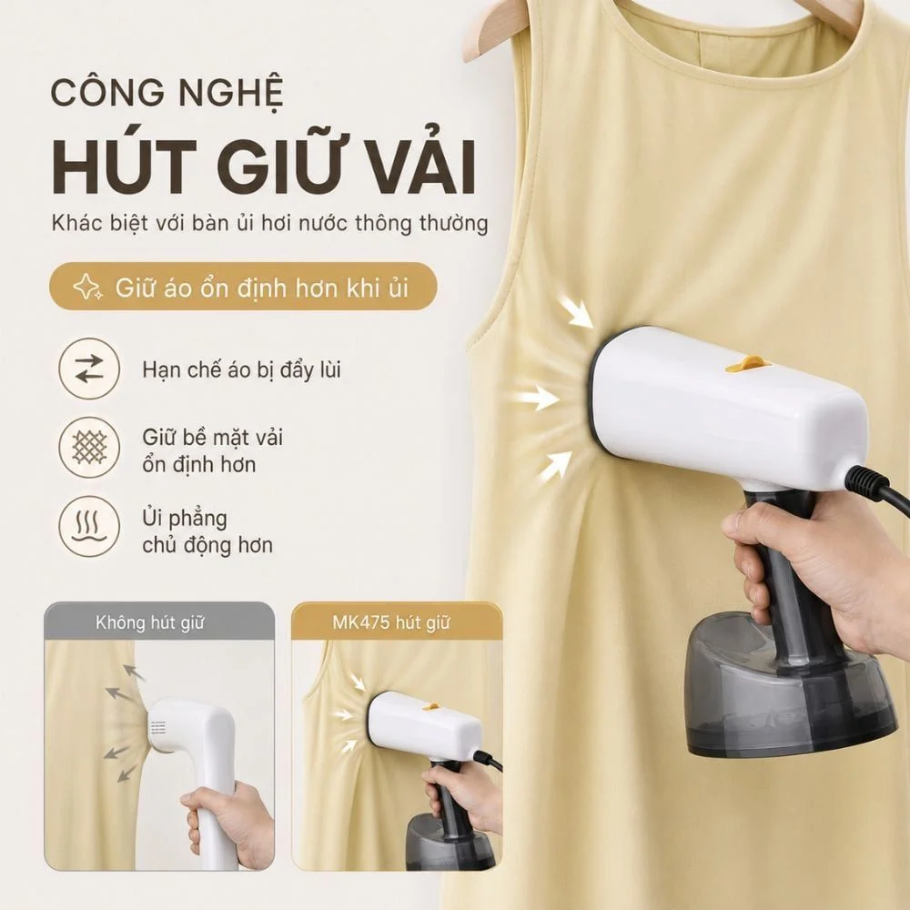 Bàn Ủi Hơi Nước Hút Giữ Vải Kachi MK475 – Giữ Vải Ổn Định, Ủi Phẳng Dễ Hơn