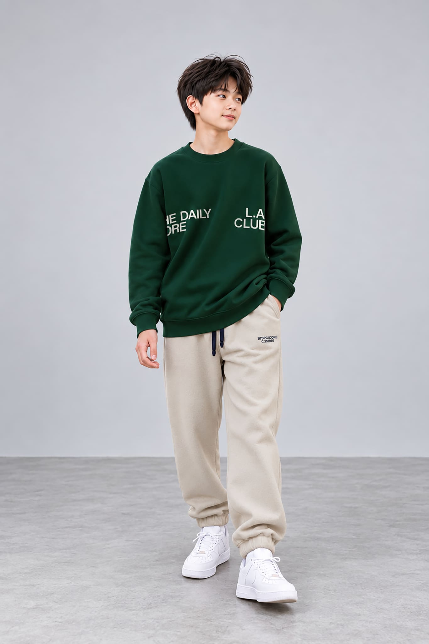 Áo nỉ xanh lá đậm phối quần jogger be